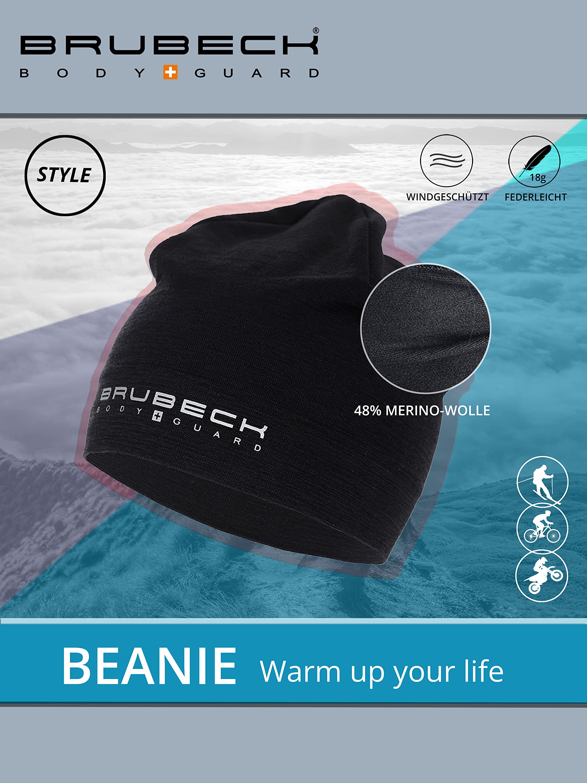 BRUBECK Bonnet Homme Hiver Femme Running sous Casque Vélo Ski Chaud Respirant - 48% Laine Mérinos