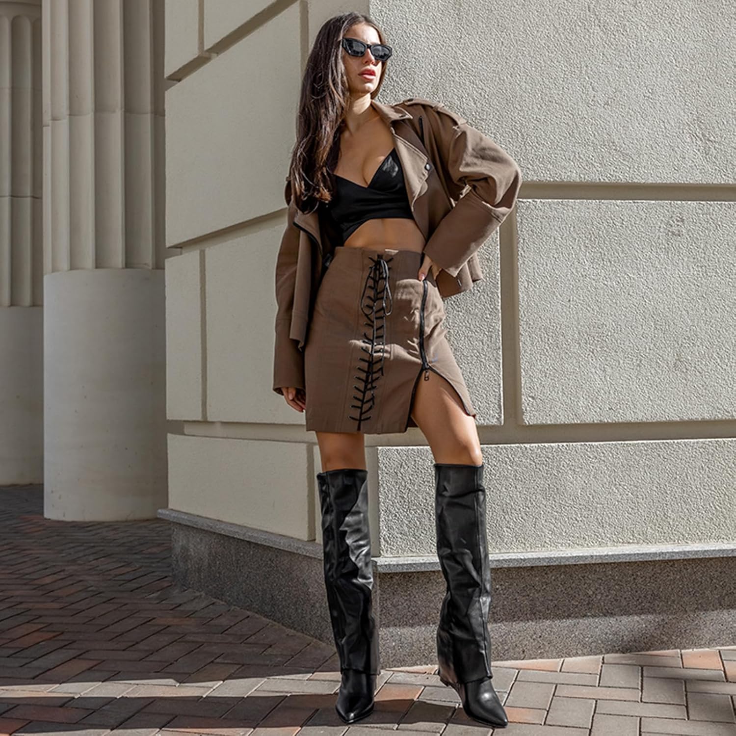 Women’s Slouchy Fold Over Boots Knee High Long Shark Pointed Toe Side Zipper Dress Tall Bootie For Women Ladie Girl - Image 5