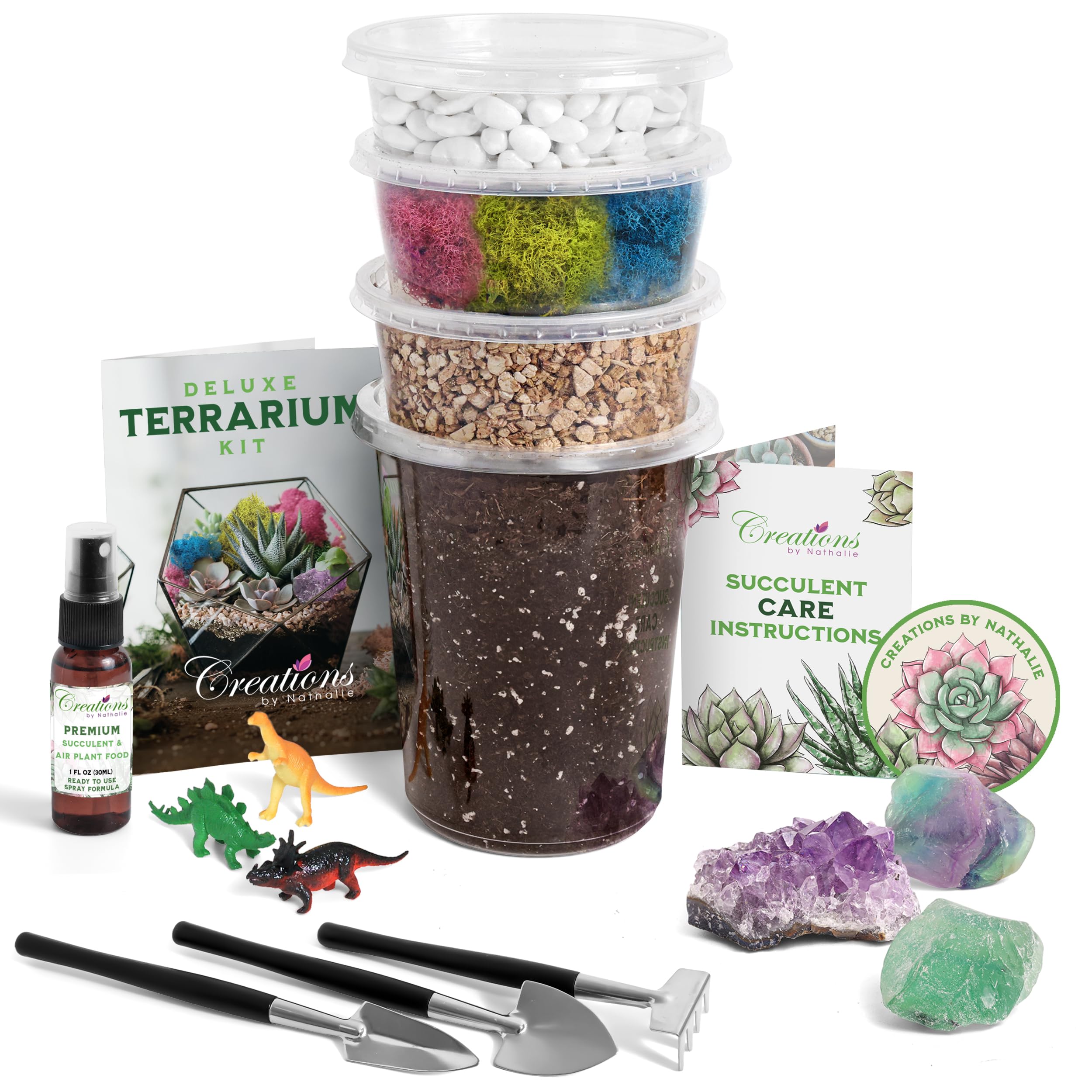 – DIY Large Terrarium Starter Kit with Soil, Moss, Pebbles, Healing Crystal, Tools & Supplies – Terrarium Kit for Adults & Kids, Handcrafted in USA