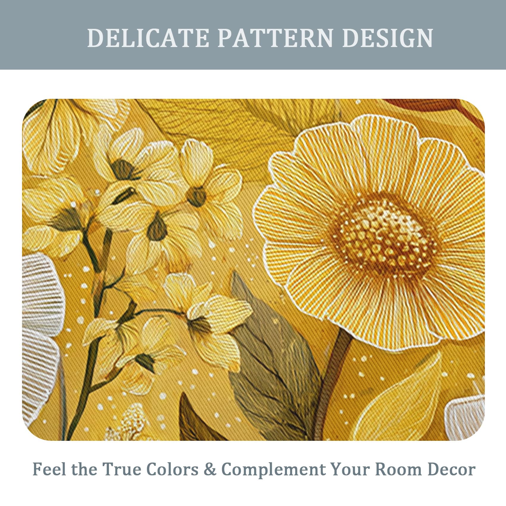Blumenmuster Vorhänge Mit ösen Blickdicht, Gold Gelb Blumen Vorhang Schlafzimmer Wohnzimmer Küche 140 x 260 cm Lang, Übergardinen Innen Verdunklungsvorhänge