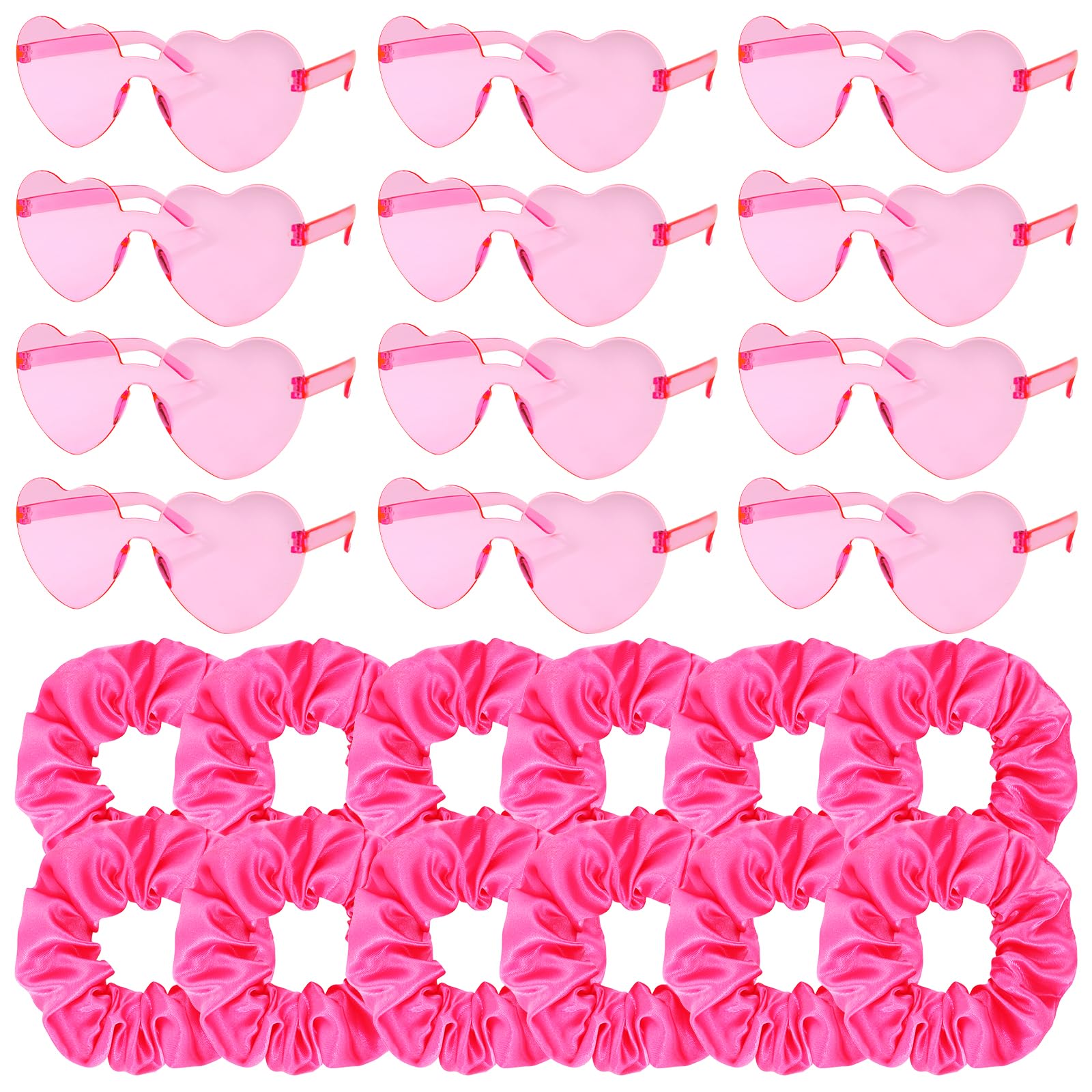 AMCAMI 24 Pack - Heart Shaped Glasses & Satin Hair Ties for Women,Bachelorette Party Favors and Accessories Pink Sunglasses and Scrunchies,Wicked