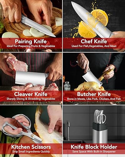 Miniatura 4 de Juego de 6 cuchillos de chef profesional, juego de cuchillos afilados de acero inoxidable plateado para cocina con afilador integrado, mango