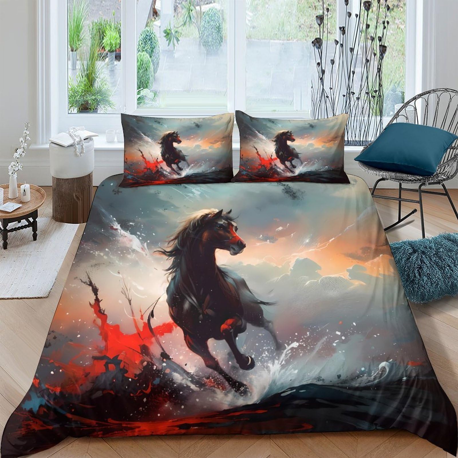 Ctjqhvkz Style-5 3D Printed Black Horse Fitted Sheet Microfiber Soft Abstract Sunset Bed Cover For Bedroom Dorm Mattress Protection Decor Single（135X200cm）