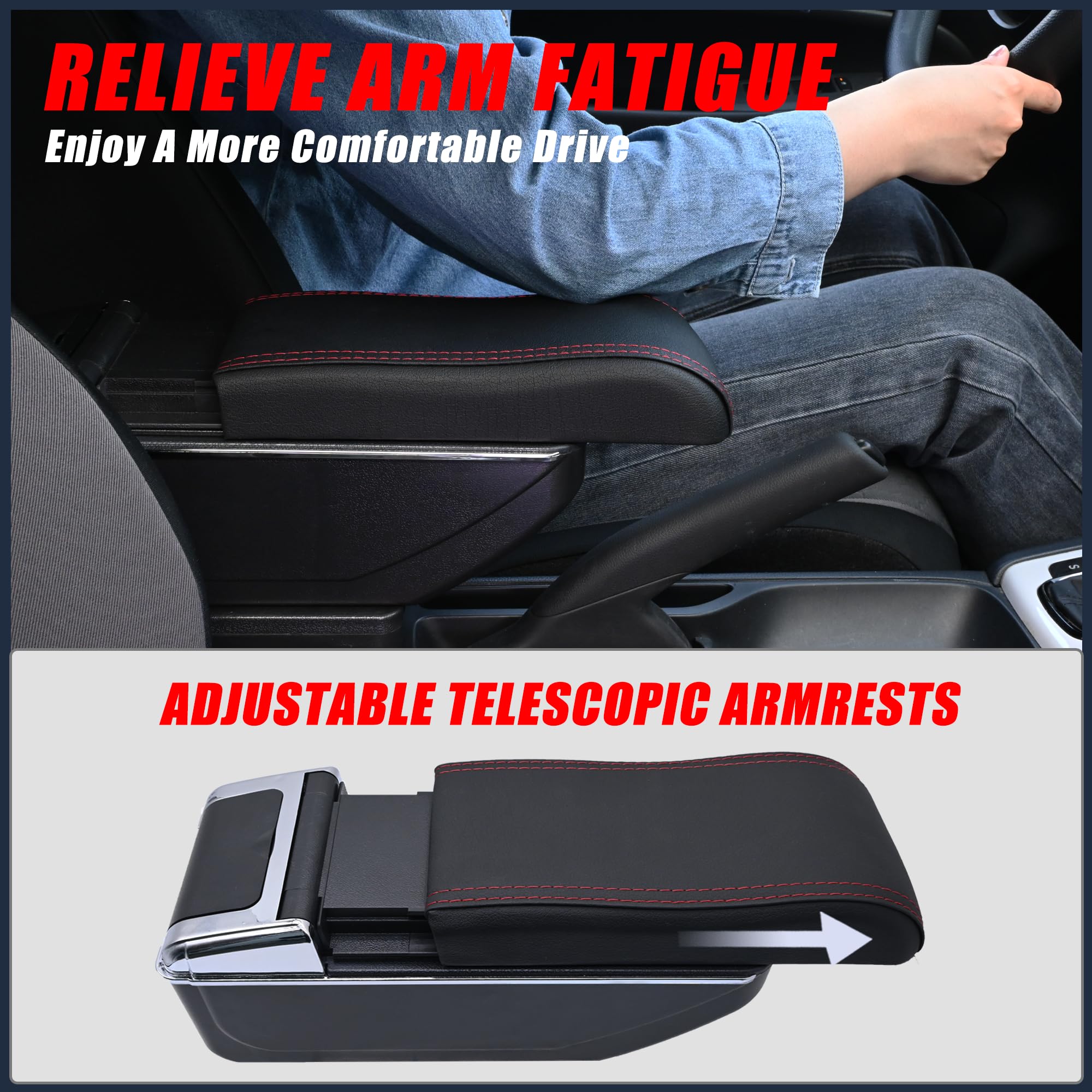 Auto Armlehnen für SEAT Arona | Doppelte Ablagefläche, Verstellbare Armlehnen zur Entlastung der Arme, Einfache Montage, PU-Leder, Rote Naht