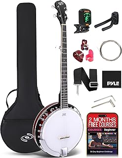 PYLE, 5 String Resonator Banjo - Full Size 24 Bracket, Geared 5th Tuner Professional Instrument w/Remo Drum & Hardwood Back Brown