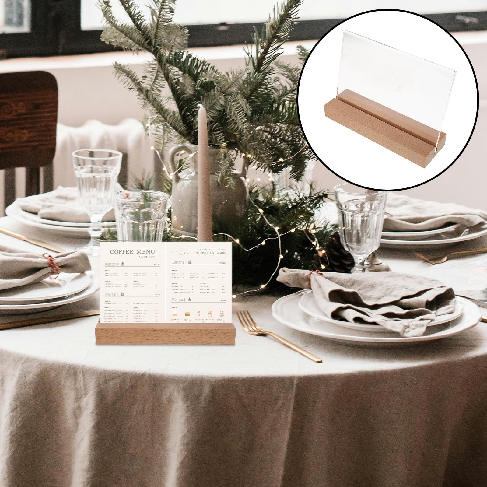 5 Soportes para Exhibir Menús con Protección Acrílica Transparente y Base de Madera Estable Diseño Horizontal para Restaurantes y Oficinas