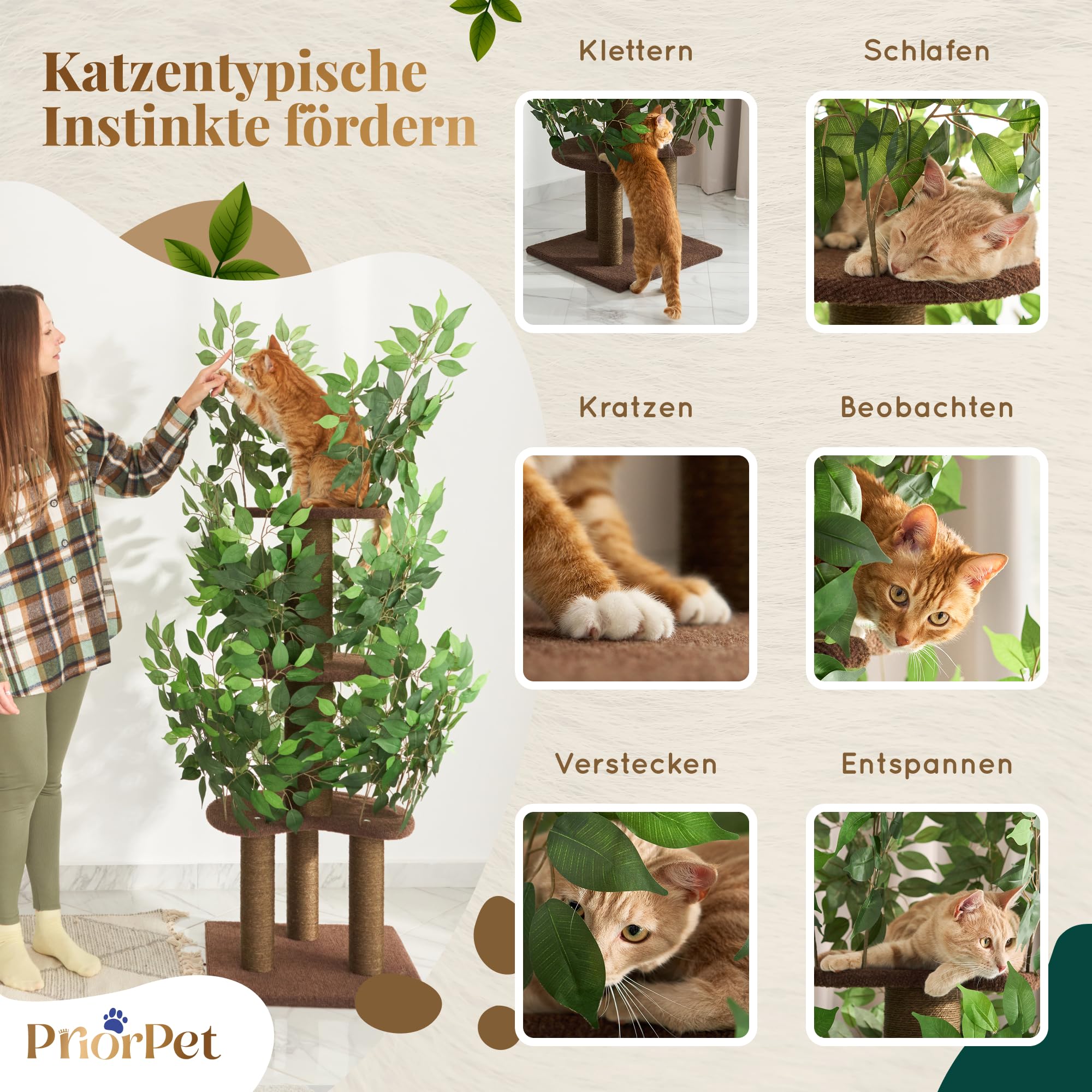 Kratzbaum mit Blättern – Stabiler & Platzsparender Katzenbaum – 4 kratzbare Ebenen & 3 Kratzsäulen – Klettern, Verstecken, Schlafen – Einfache Montage – Haustiersicherer & Langlebiger Cat Tree Natur