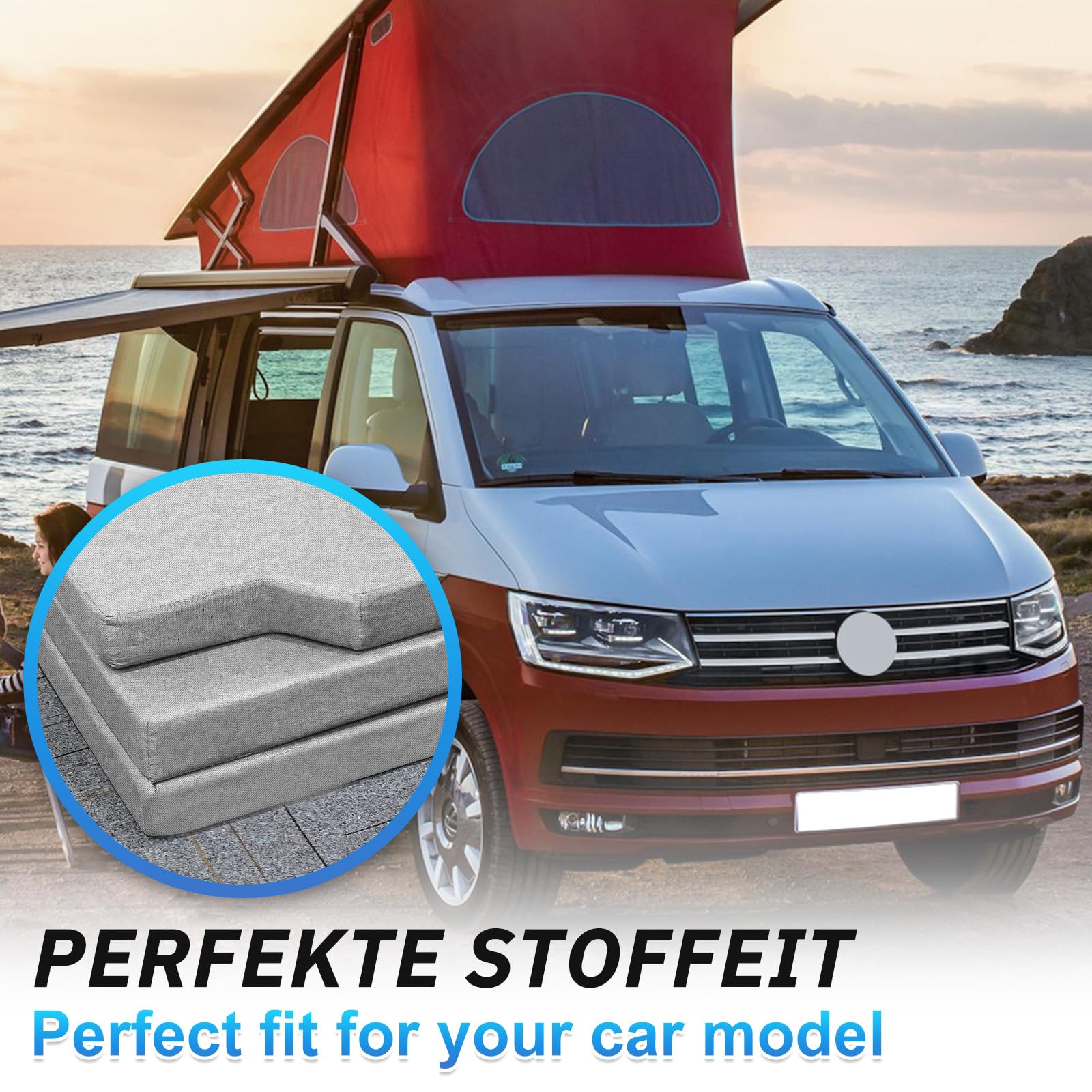 Colchón para VW T4 T5 T6 T6.1 Multivan California Beach Caravelle Transporter, gris Colchón plegable desplegable 185x148x8cm