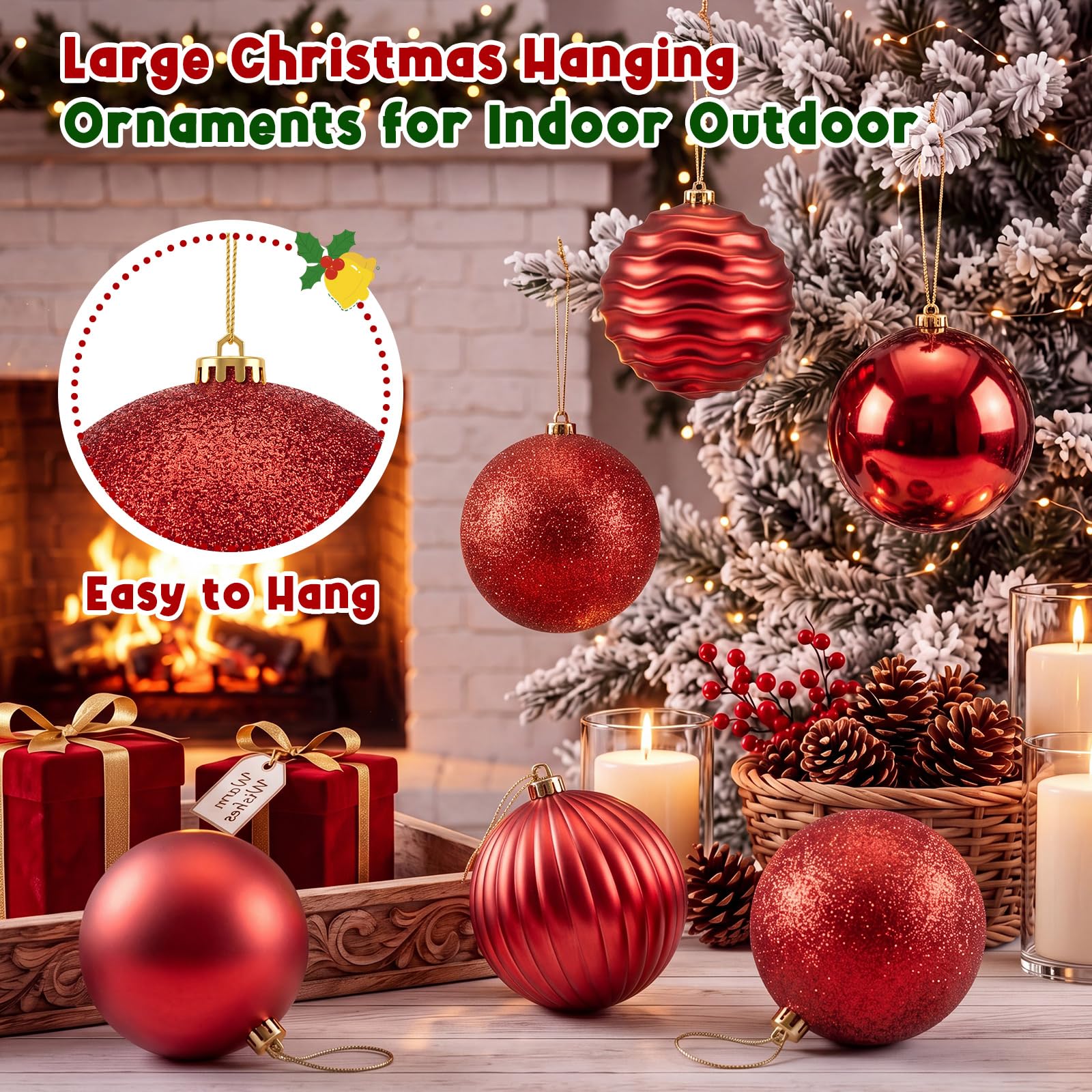Zubebe Confezione da 6 palline di Natale da 15,2 cm, grandi palline in plastica infrangibile, con glitter opaco lucido e finiture decorative, per albero di Natale, festività e feste (rosso)
