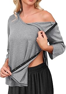 Camisas de cirugía posterior al hombro para mujer, manga 3/4, completamente abierto, diálisis a presión, ropa adaptativa a quimioterapia