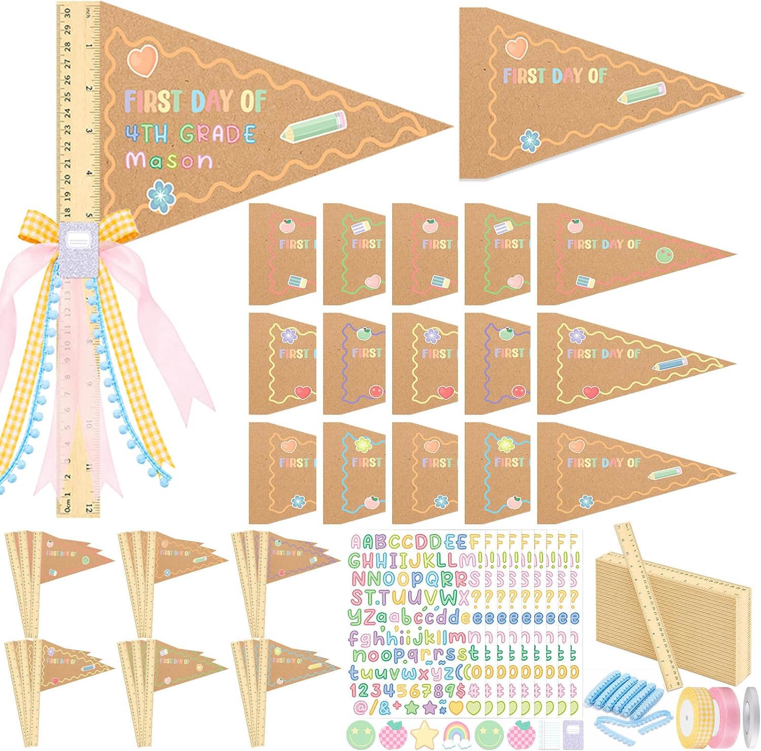 Cinrobiye 24 Set First Day of School Pennant Flags DIY Back to School Photo Props Sign Kit with Ruler Grade Stickers Classroom Welcome Decorations for Kindergarten Elementary Preschool Supplies