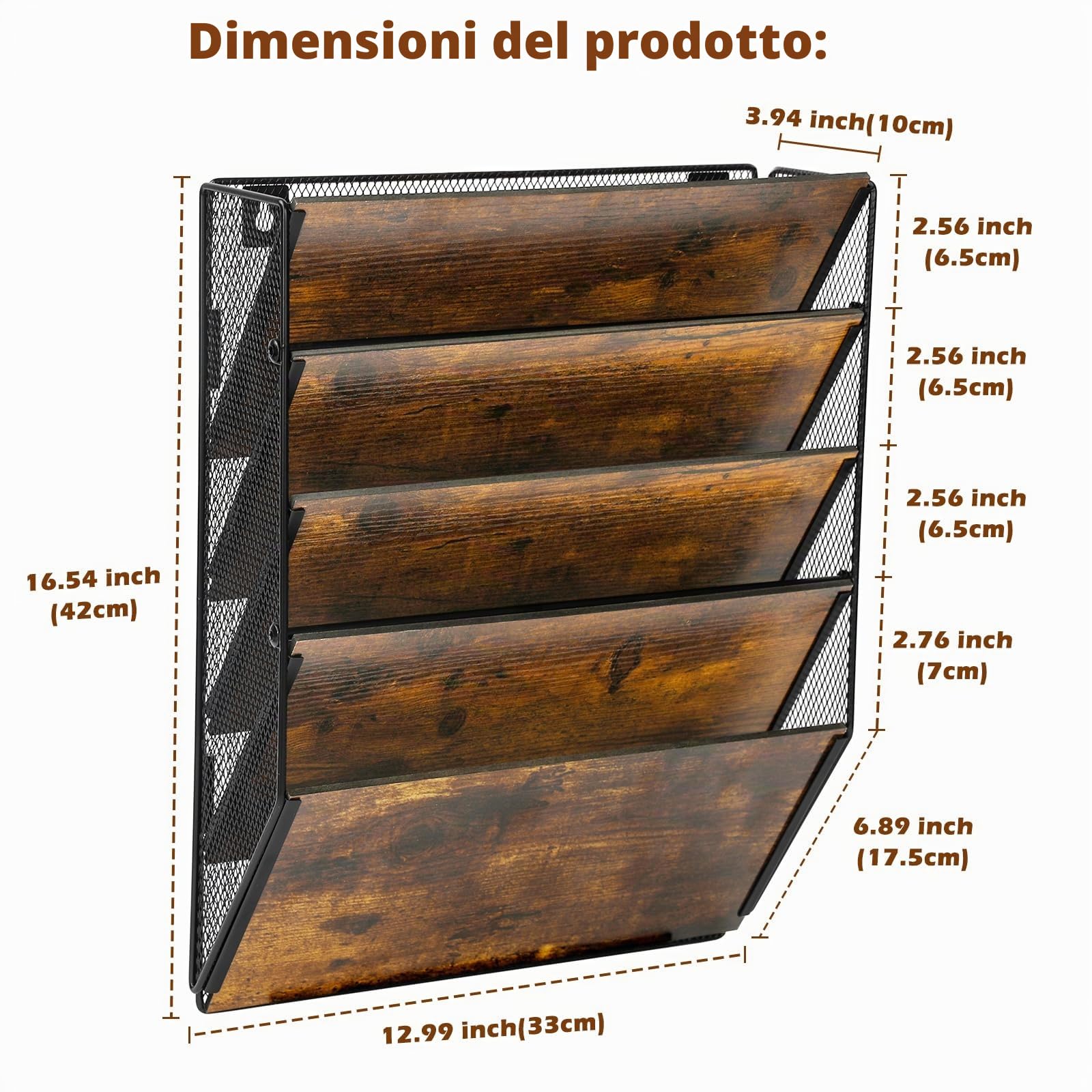 TQVAI Organizer Documenti Parete, 5 Ripiani Metallo Legno Portariviste Parete Scaffale per Documenti A4 Organizzatore Scrivania Ufficio Casa, Antico/Nero