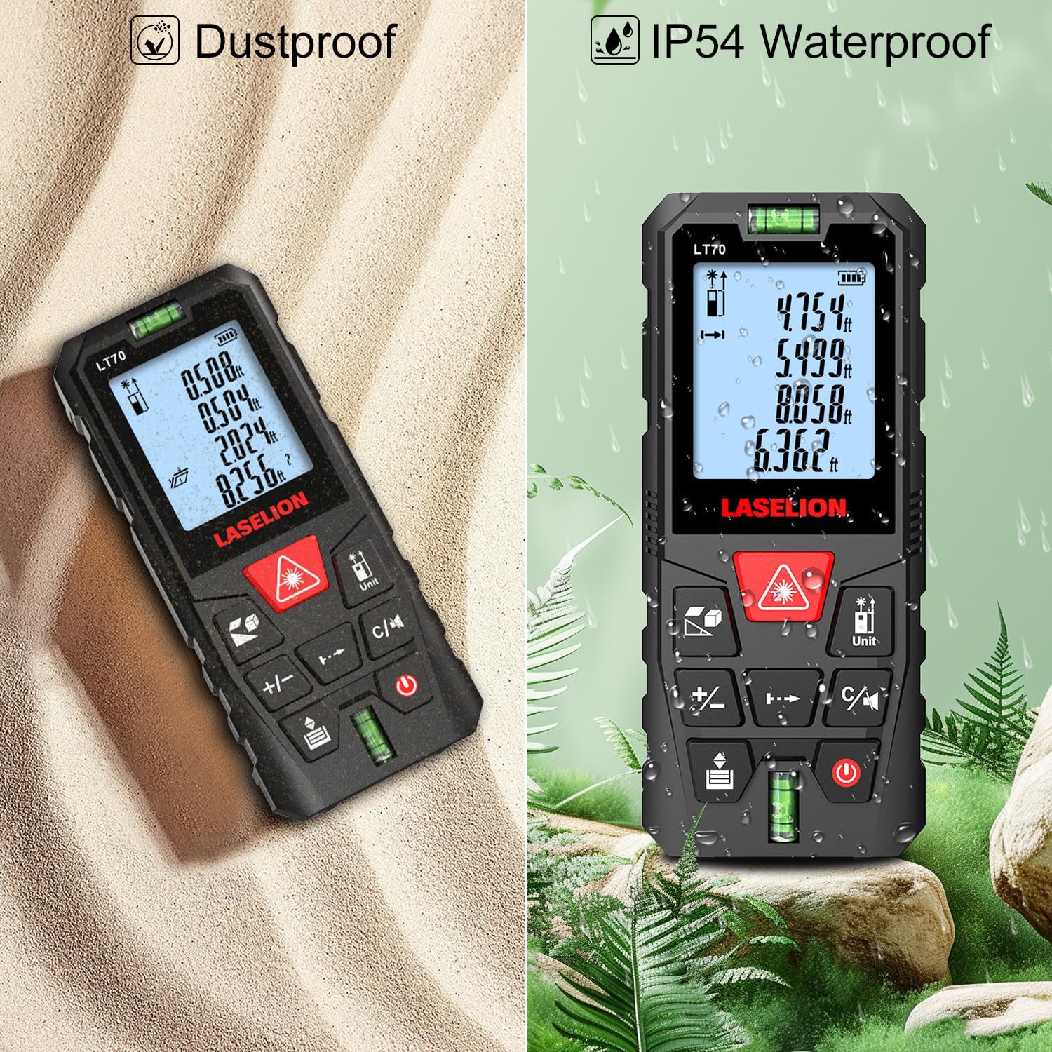 Medidor Láser 70M, LASELION Láser Medidor Distancia con 2 Burbujas de Niveles, Alta Precisión,Telémetro Láser IP54 Herramienta de Medición Digital Portátil, Pantalla LCD Retroiluminada