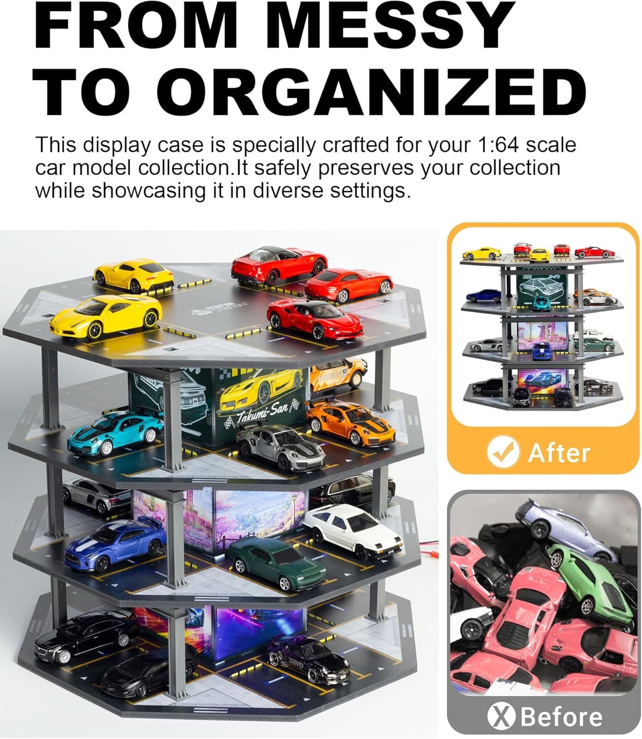1/64 Scale Display Case Car Garage Moldel, Octagonal Building Style Diecast Car Show Case with LED Diorama for Toy Car Display and Storage Cars 4 Levels 48 Parking
