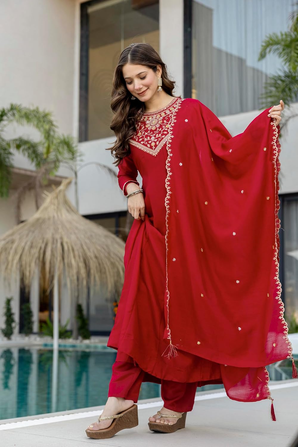 Women Anarkali Kurta Set with Dupatta Embroidered Flared Ethnic Wear Festive Party Outfit