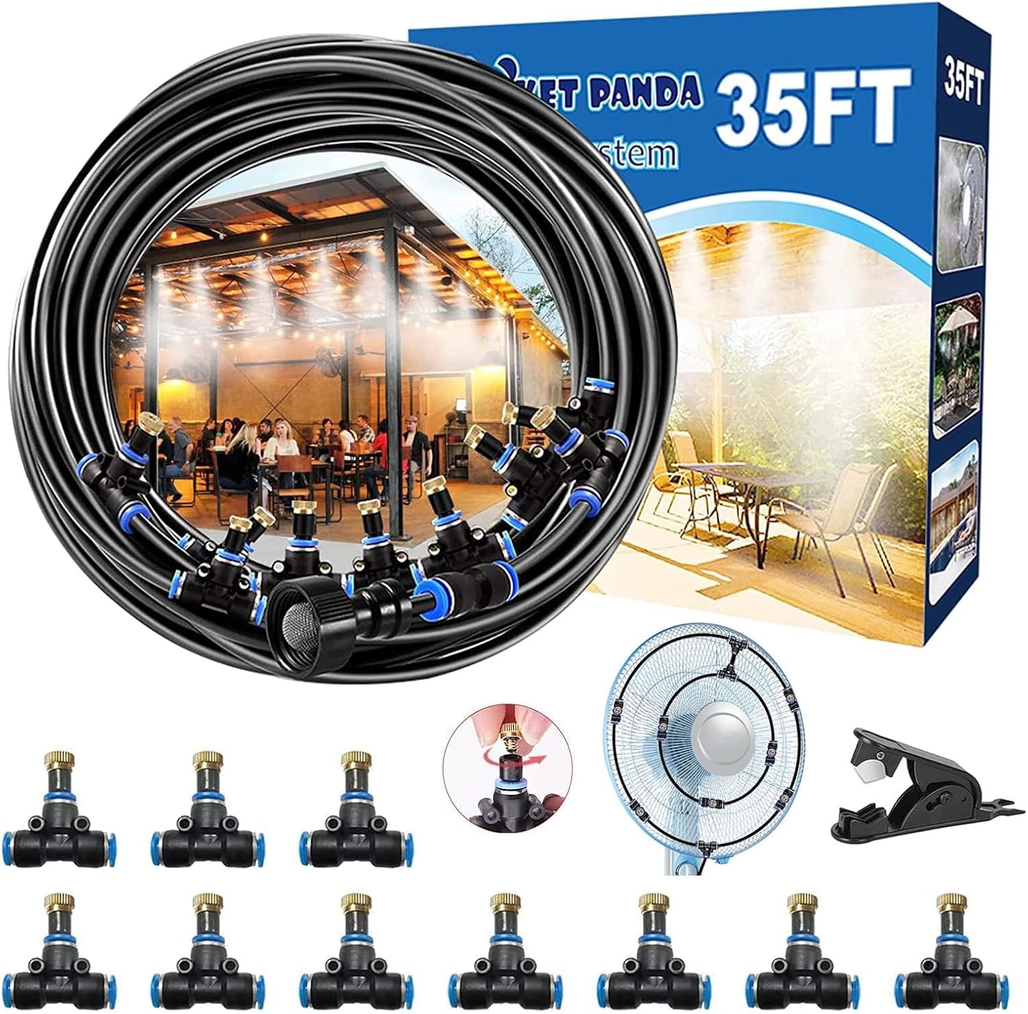 POCKET PANDA Mister Cooling System, 35FT Misting Hose + 20pcs Brass Nozzles. Outdoor Water Mister System for Porch, Umbrella, Deck, Canopy, Fan. Mist Hose for Garden, Greenhouse. Backyard Cooler kit.