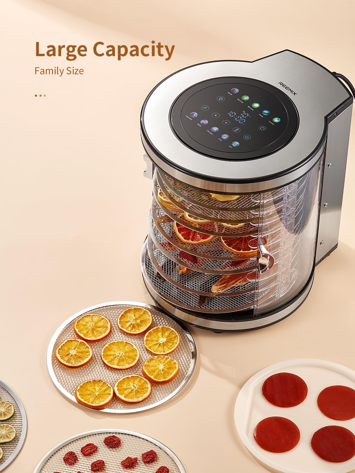 Deshidratador de 10 niveles de acero inoxidable con pantalla LCD – Secador de alimentos con rotación 850 W, 35 – 75 °C, temporizador 1 – 48 h, 9 programas automáticos + DIY LED, silencioso <30 dB