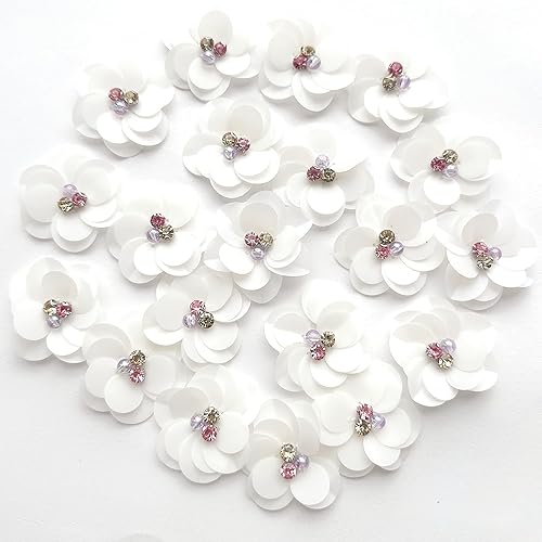 20 apliques de diamantes de imitación de flores blancas perla de 2 pulgadas, apliques de flores con cuentas de cristal, parche de tela, accesorio