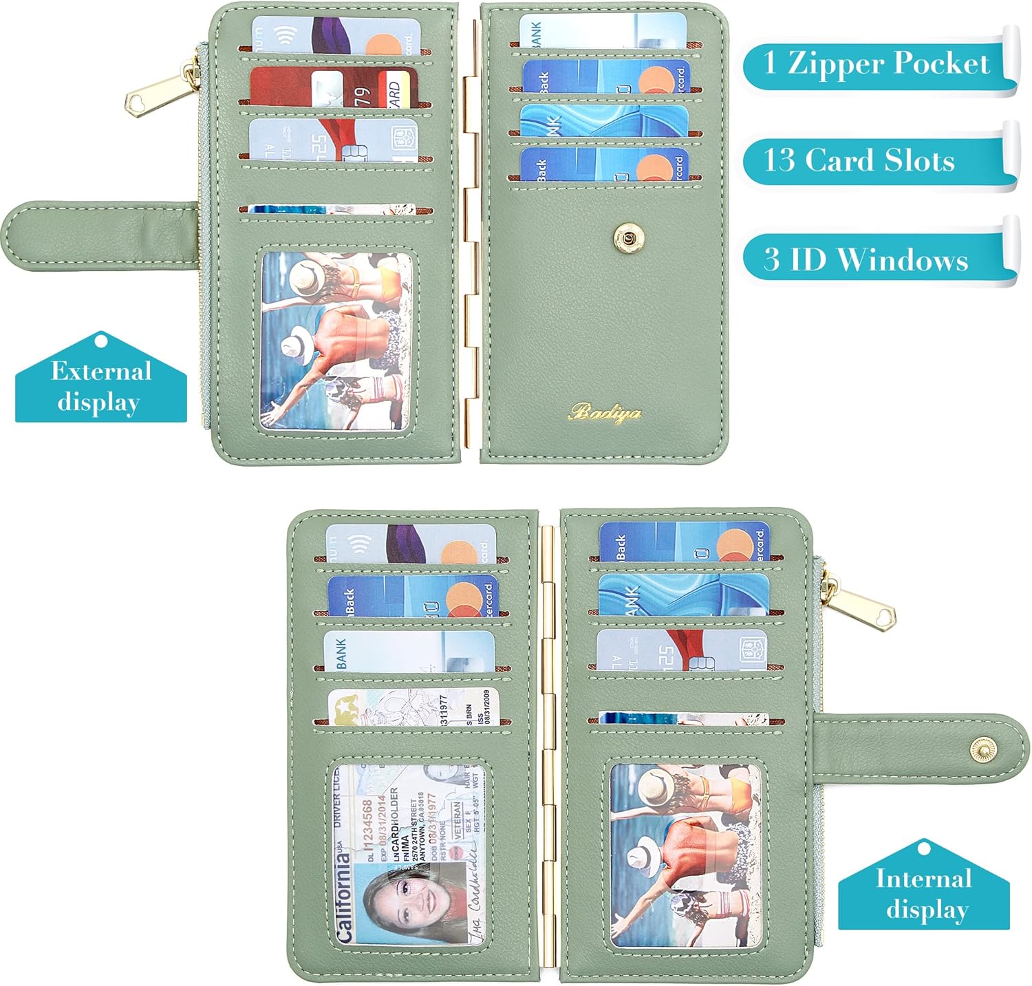 Badiya Credit Card Holder for Women RFID Blocking Slim Wallet Bifold Multi Card Case Zipper Pocket with 3 ID Window - Image 2
