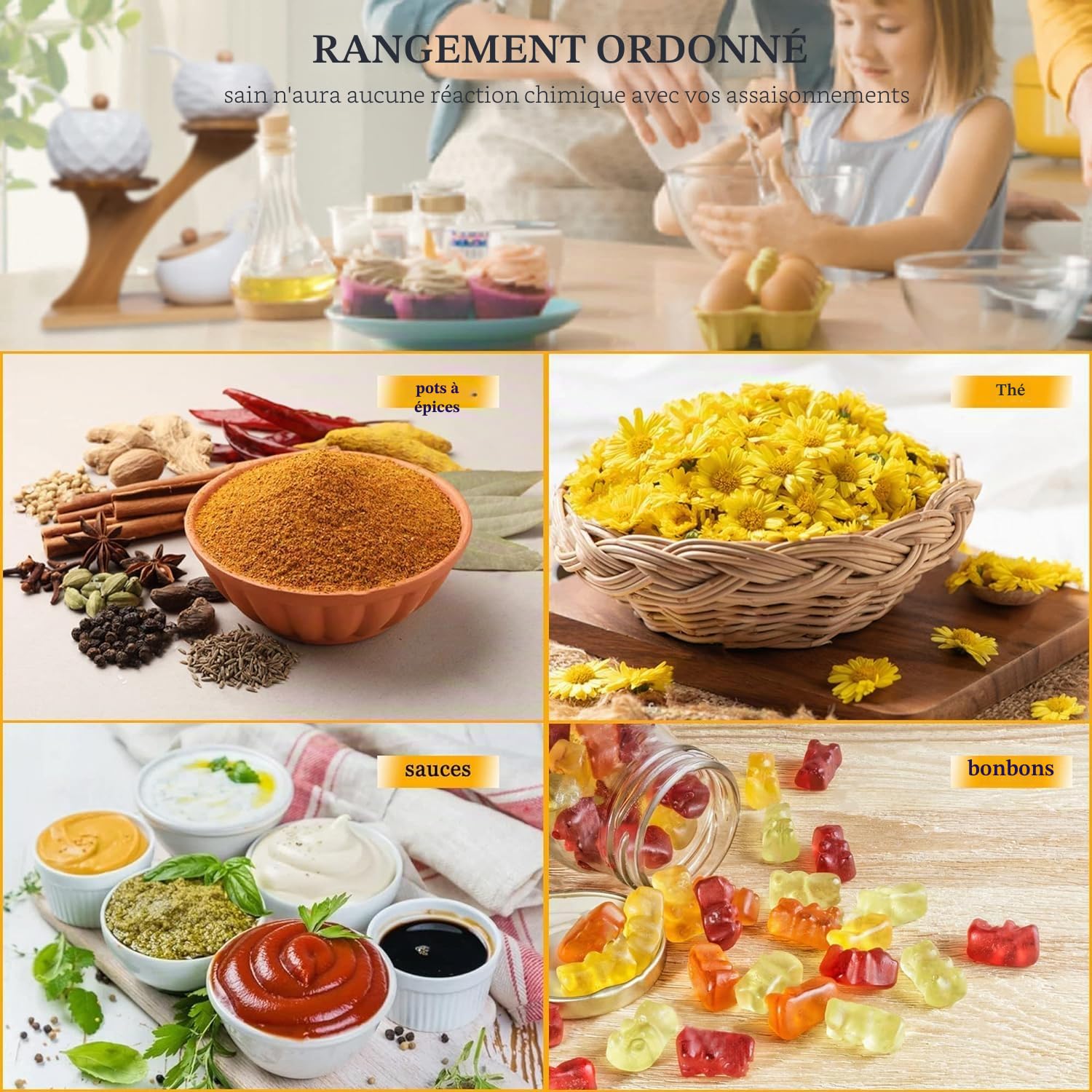 Lot de 3 bocaux à épices en céramique avec couvercle en bambou, cuillère et plateau, 170 ml/6,4 oZ, boîtes à épices pour conserver le sucre, le sel, les épices, le café