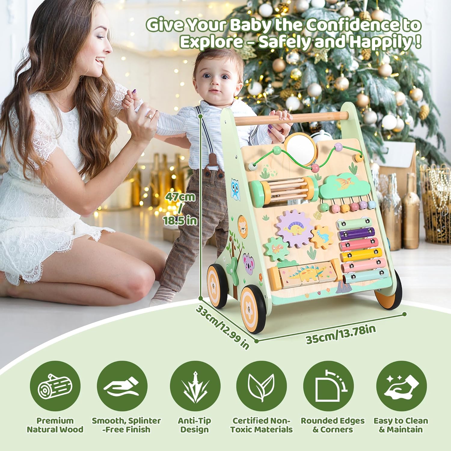 Wooden Baby Walker with Adjustable Speed, Montessori Push Walker Toy with Activity Center & Wheels, Sturdy Learning Toy for Boys and Girls - Image 5