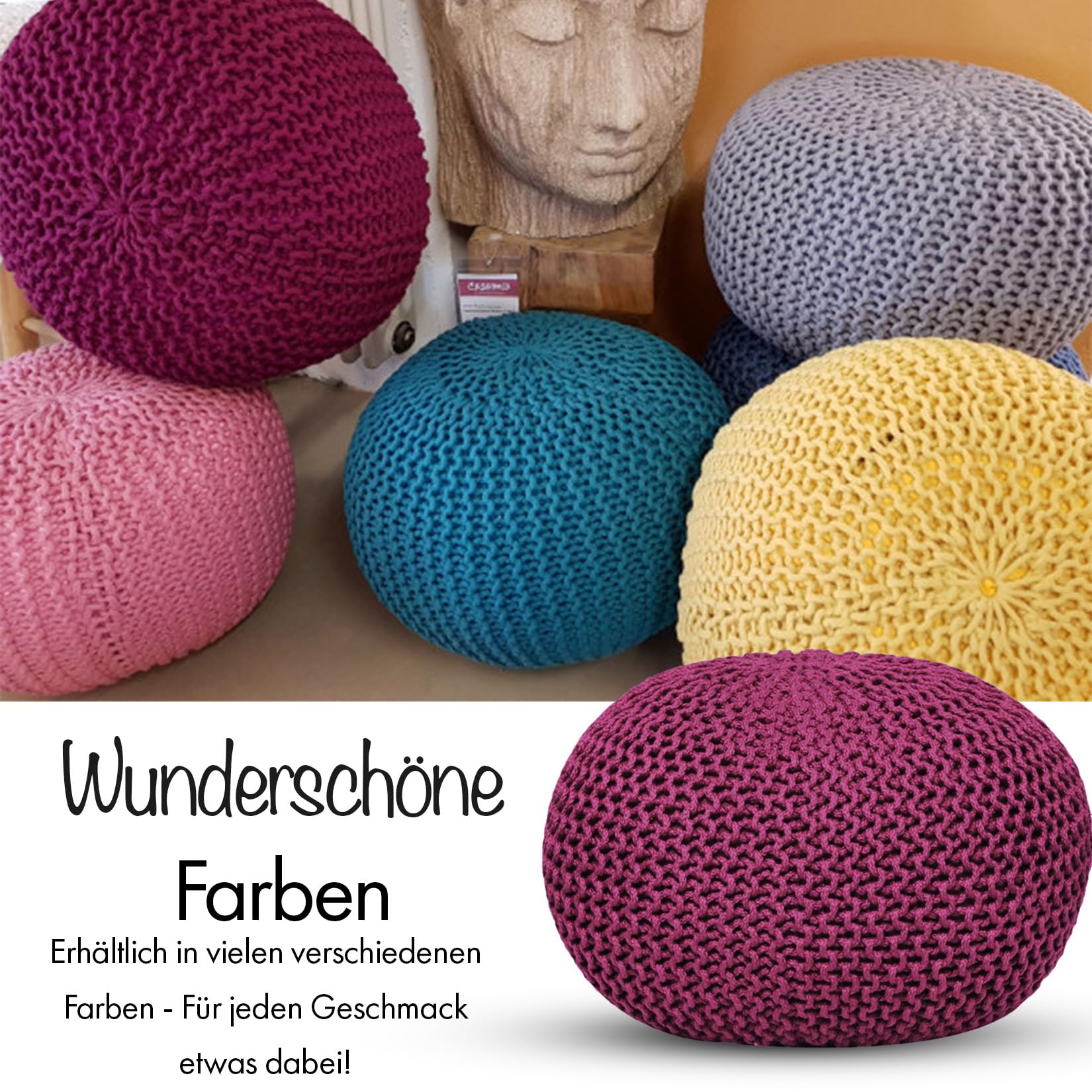 Pouf ELYFLAIR Ø55cm - Impermeabile, Maglia Grossa, Per Interni/Esterni, Plastica Riciclata, Bordeaux - Foto 13
