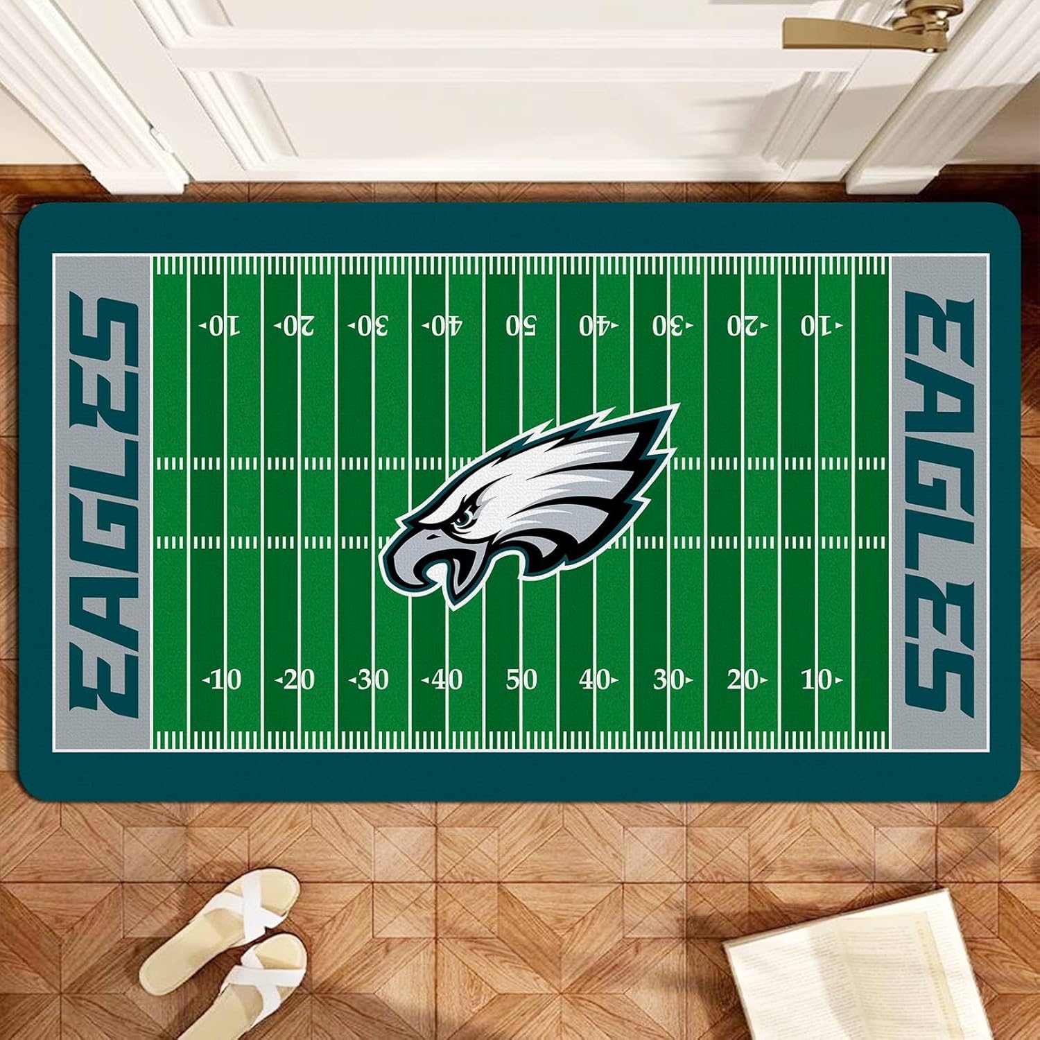 Football Field Design Entry Floor Mat,30" W x 18" H Green Gray Design Non-Slip Rubber Door Mat for Football Sports Fans, Home Decor Area Rug