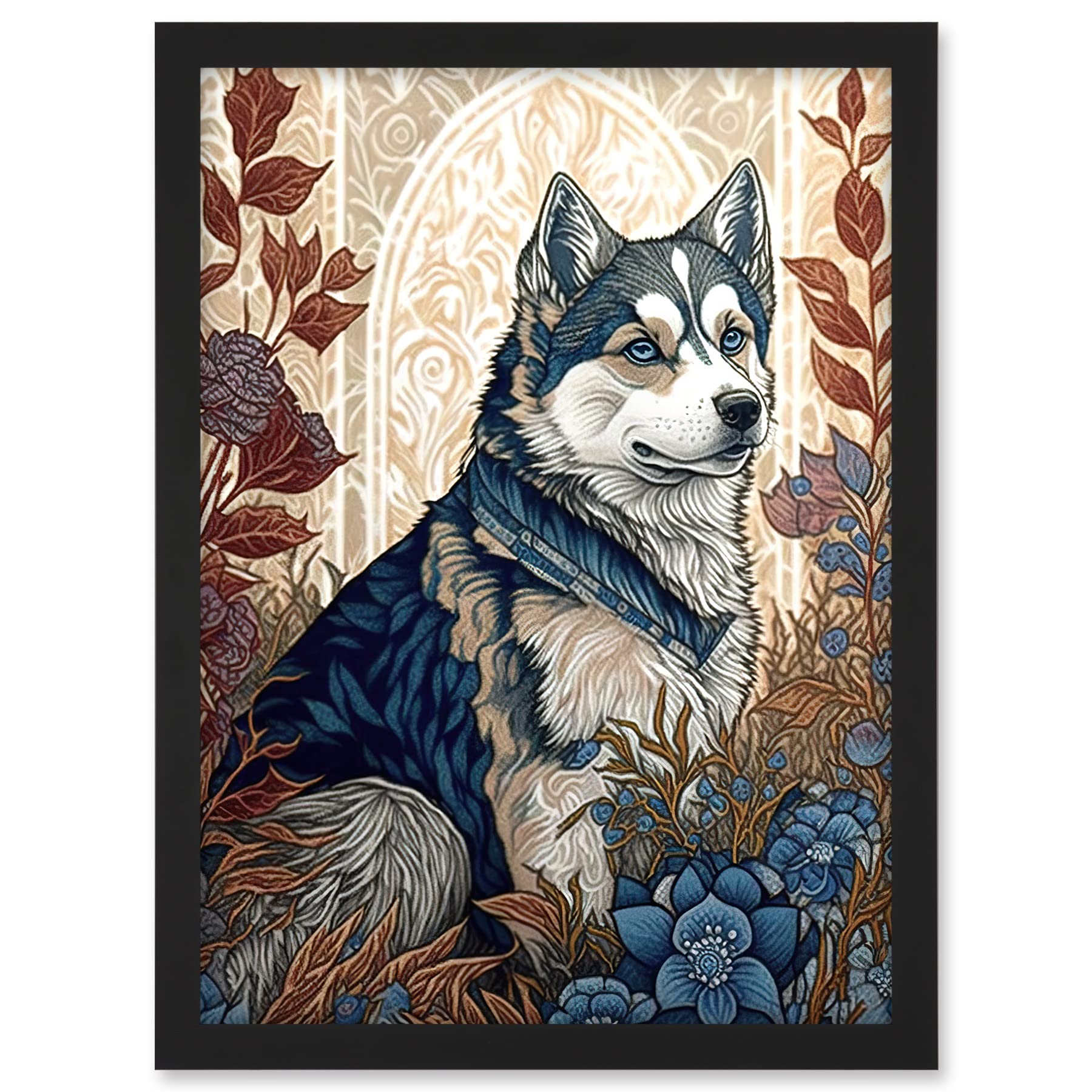 Artery8 Siberian Husky Dog in Autumn Flower Field Modern Art Nouveau Illustration Artwork Framed A3 Wall Art Print