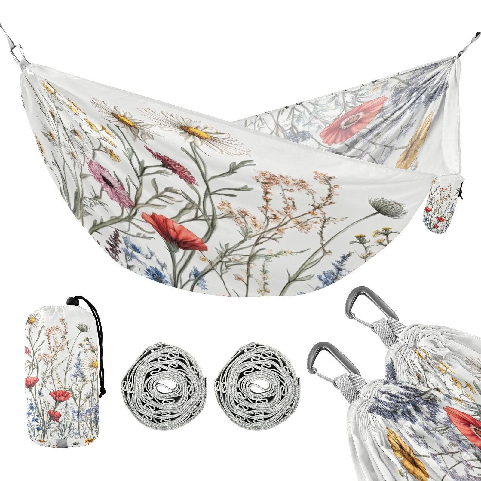 Haskirky Wildflower Camping Hammock, Single Portable Hammocks with Tree Straps & Attached Carry Bag, 330Lbs Capacity Perfect for Outside Indoor Hiking Beach Backpack Travel