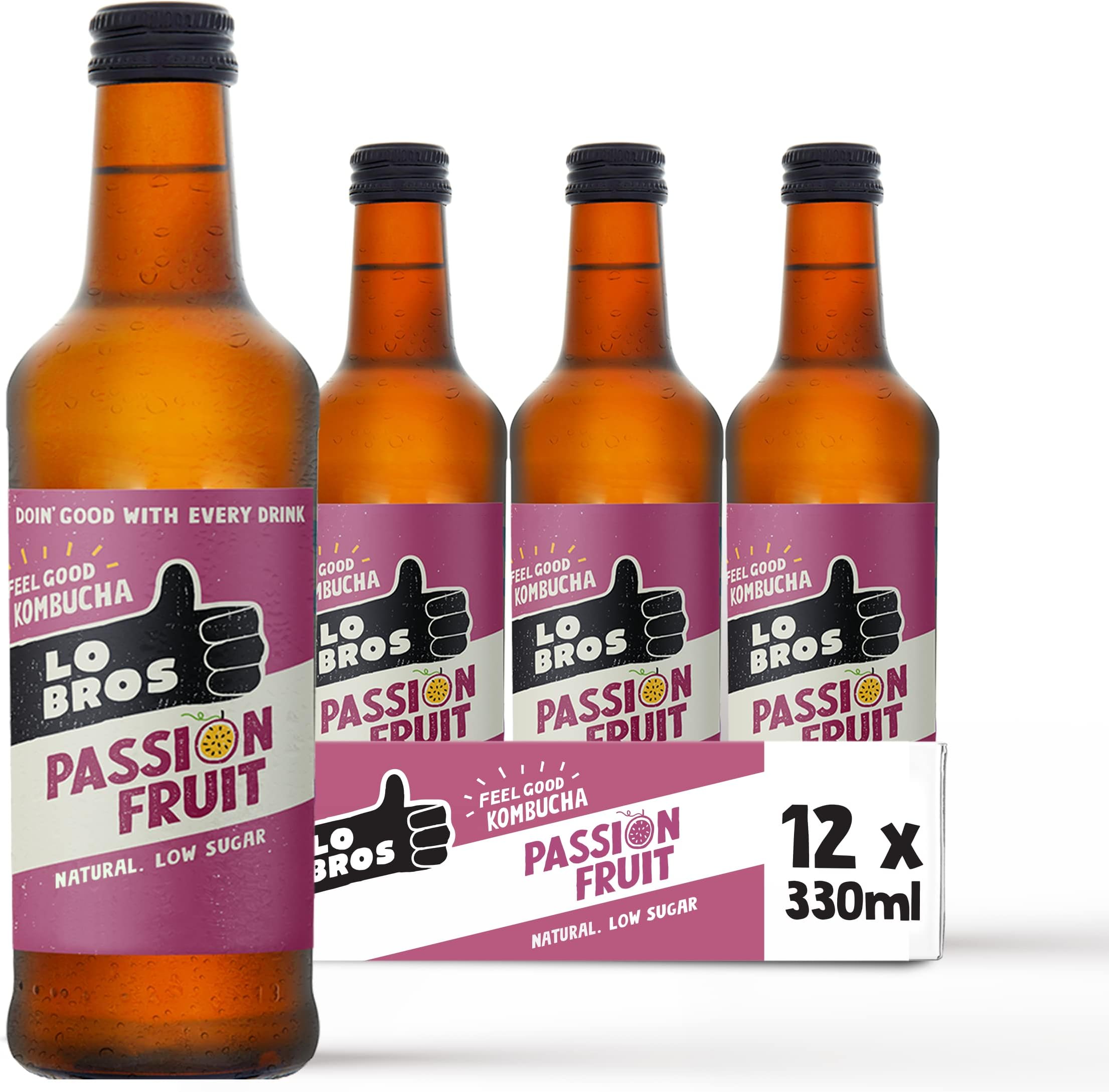 Lo Bros Kombucha - Passionfruit - Sparkling Refreshing Drink with Natural Ingredients and Live Cultures, Supports Gut Health, Low Sugar, Vegan, Gluten Free, Bottles- 12 x 330ml