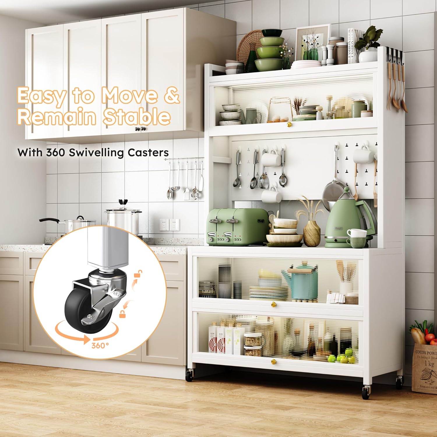 5 Tier 63" Metal Kitchen Storage Cabinets,Kitchen Coffee Bar with 10 Hooks,Microwave Stand with Storage,Storage Rack for Home, Office,Pantry White