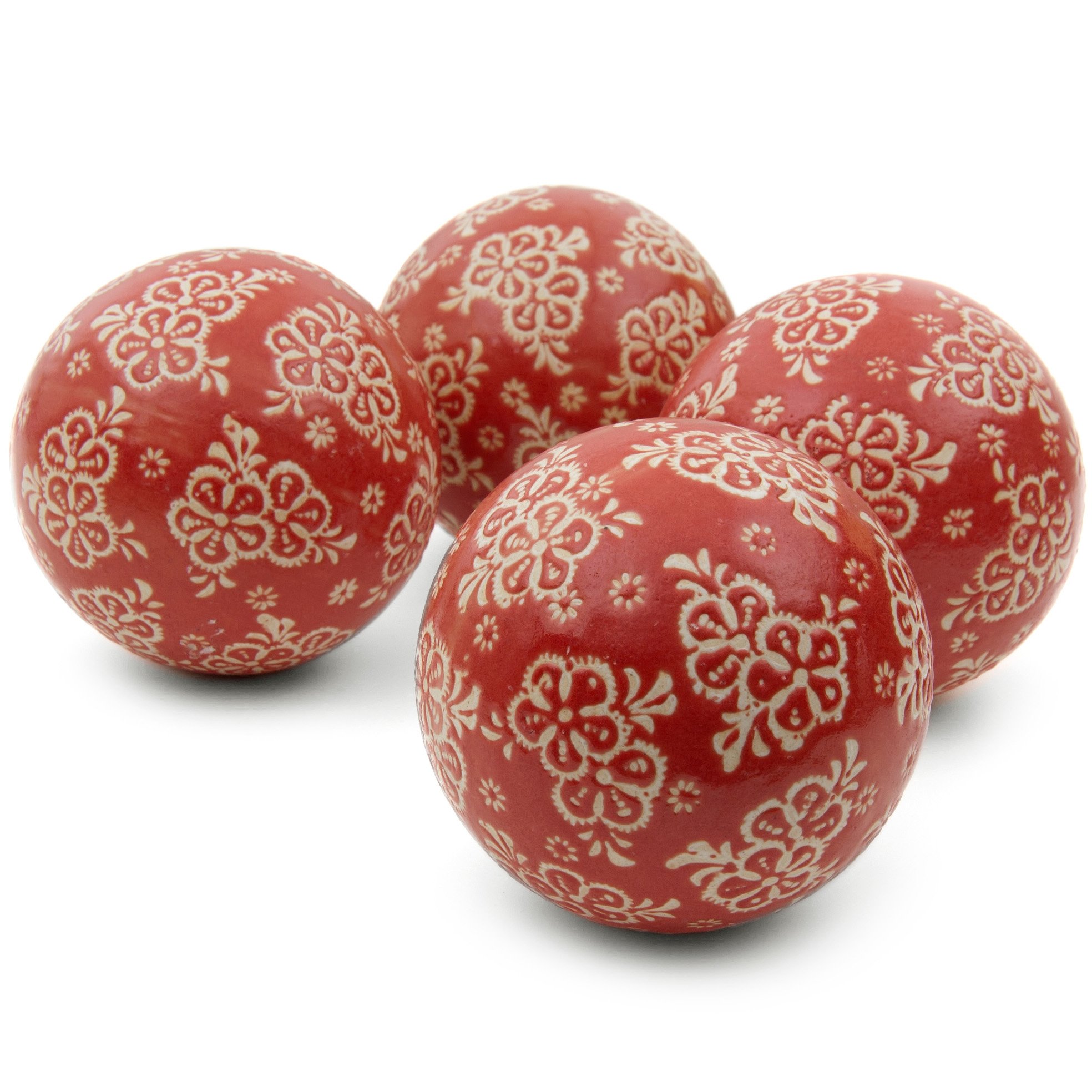 Red Lantern 4" Porcelain Ball Set - Set of 4 Decorative Balls, Red and Beige Flowers