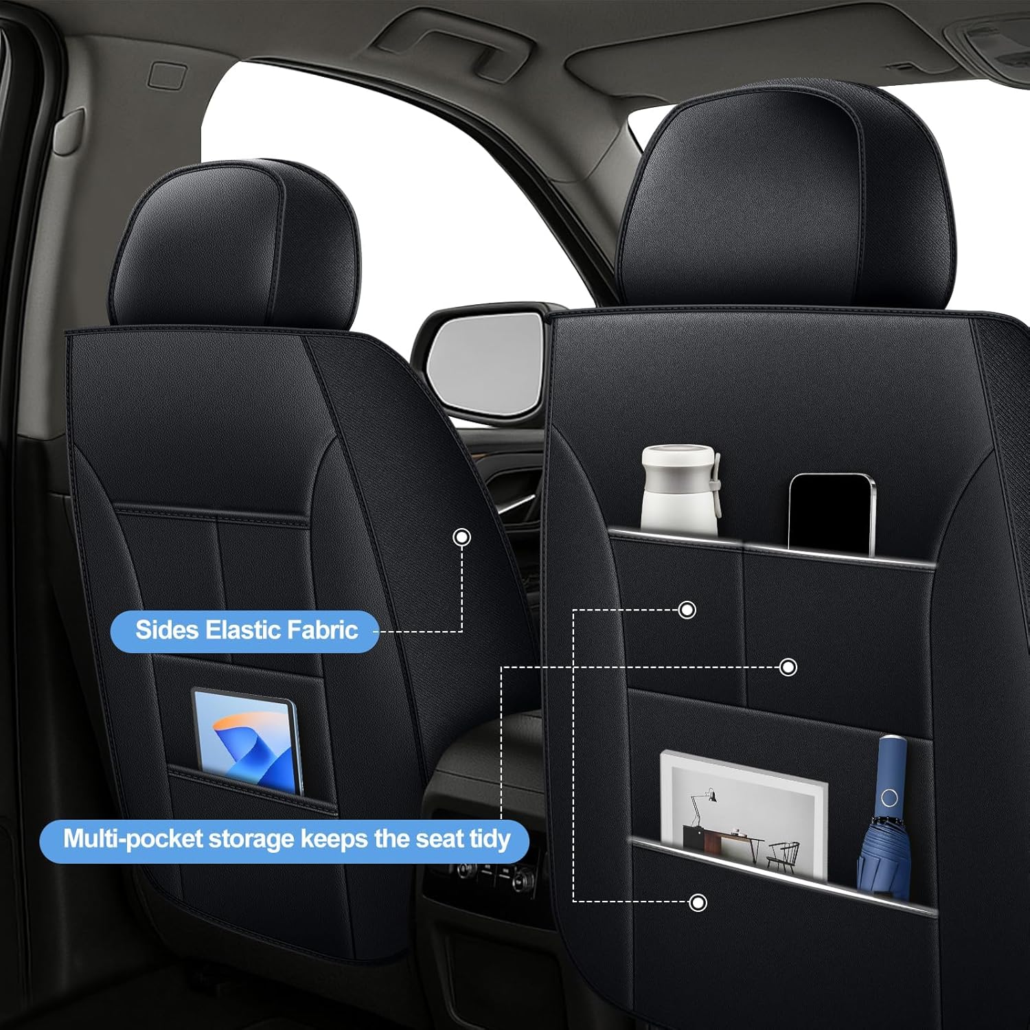 Car Seat Covers Custom Fit for GMC Yukon 2007-2025 8 Seats: Waterproof Faux Leather Seat Covers Automotive Seat Protectors with 3 Storage Bags(Black)
