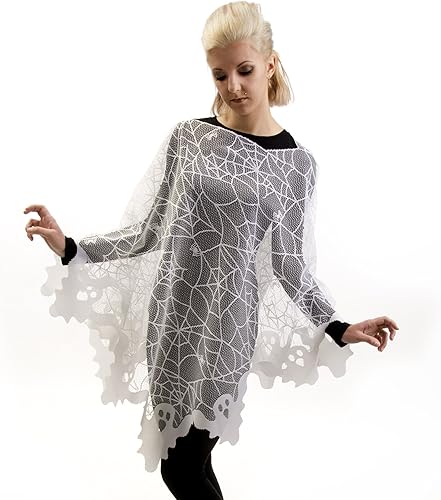 Miniatura 2 de Heritage Lace Disfraz de poncho fantasma de Halloween de 58 x 58 pulgadas, telarañas con borde fantasma