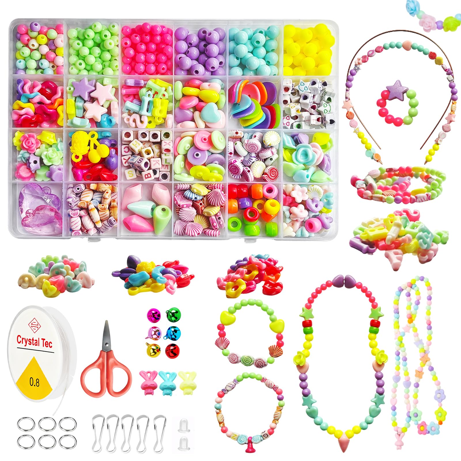 DIY Beads Necklace Headband Bracelet Making Kit for Girls Kids, 24 Colors Beads with 9 Gifts, Perfect Friendship Bracelet Making Kit Kids Beads for Jewellery Making Kit Birthday Gifts for Children