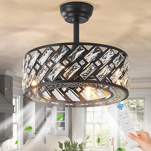 Miniatura 12 de Ventilador de techo sin aspas enjaulado de cristal de 18.5 pulgadas con luz, control remoto, motor reversible silencioso de 6 velocidades –