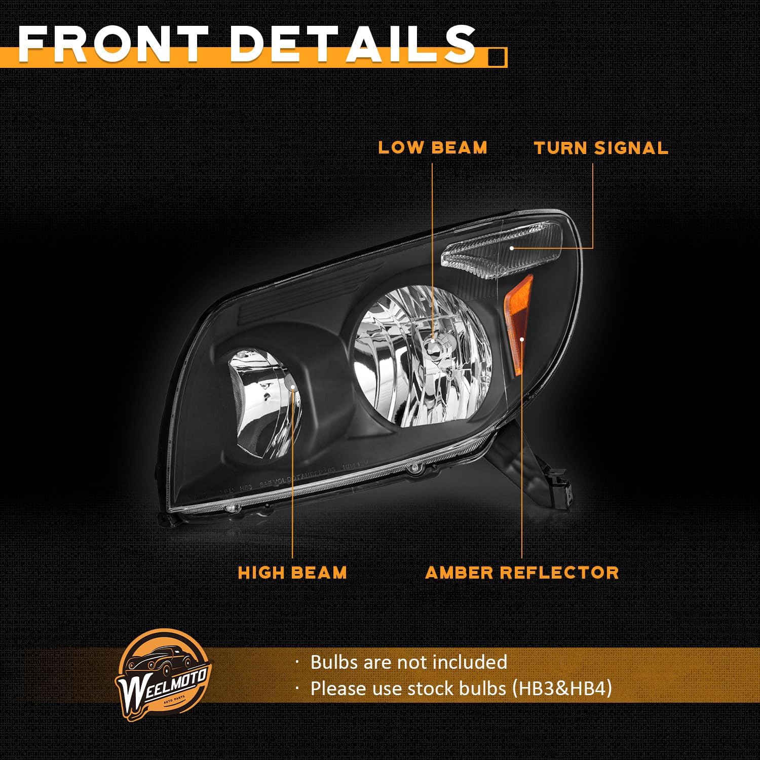 WEELMOTO Headlights for 2003 2004 2005 Toyota 4Runner, Compatible with 03 04 05 Toyota 4Runner Limited SR5 Sport Halogen Headlight assembly, Black Housing Amber Reflector L+R