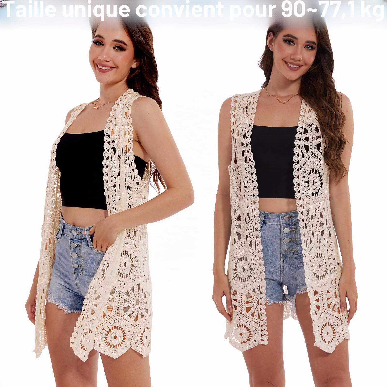 Cardigan sans manches ouvert sur le devant en dentelle florale au crochet avec bordure bohème pour femme