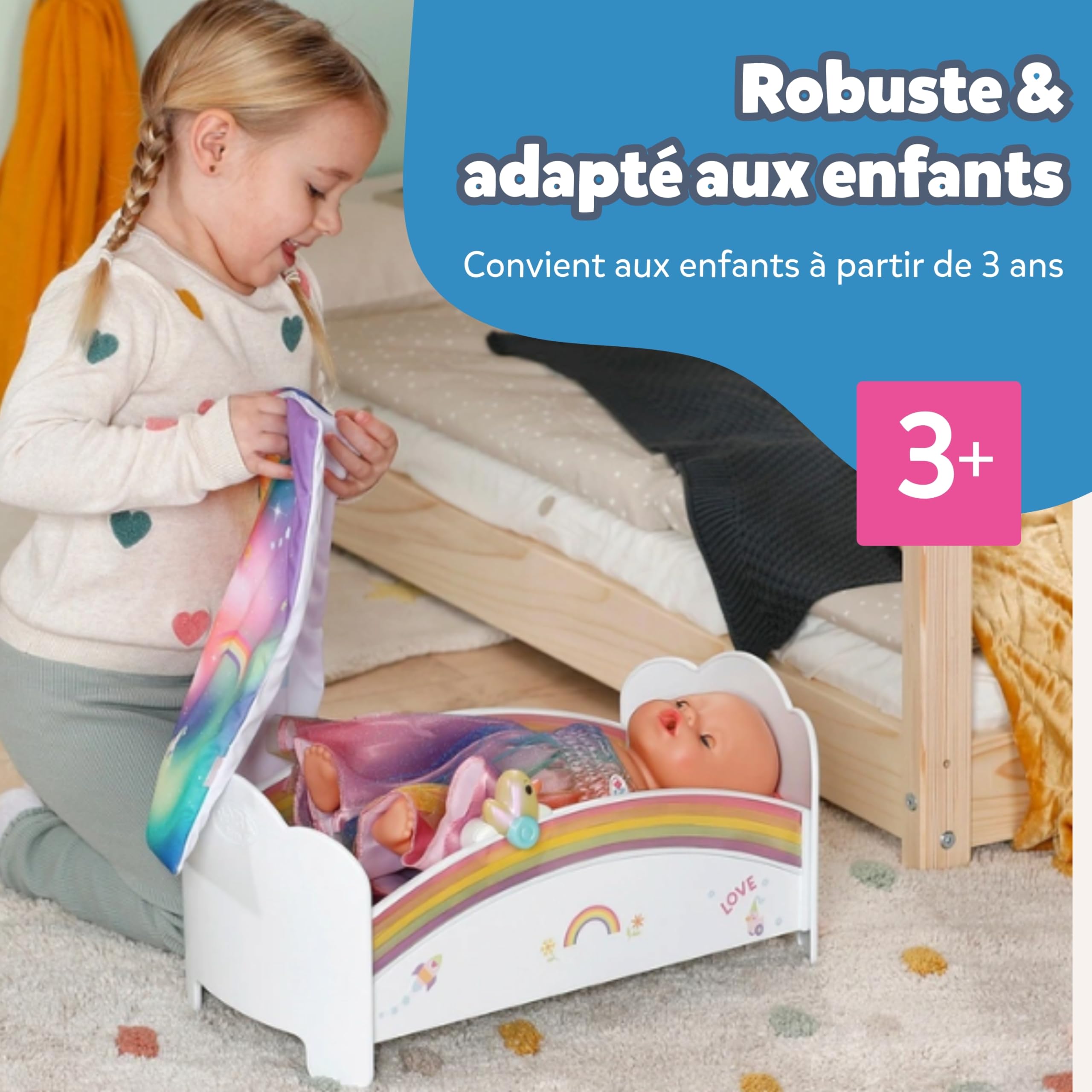 BABY born Lit Arc-en-Ciel - Lit de poupée avec lumière Arc-en-Ciel & mélodie pour s'endormir - Accessoires pour poupées avec literie réversible & Autocollants - pour Enfants à partir de 3 Ans