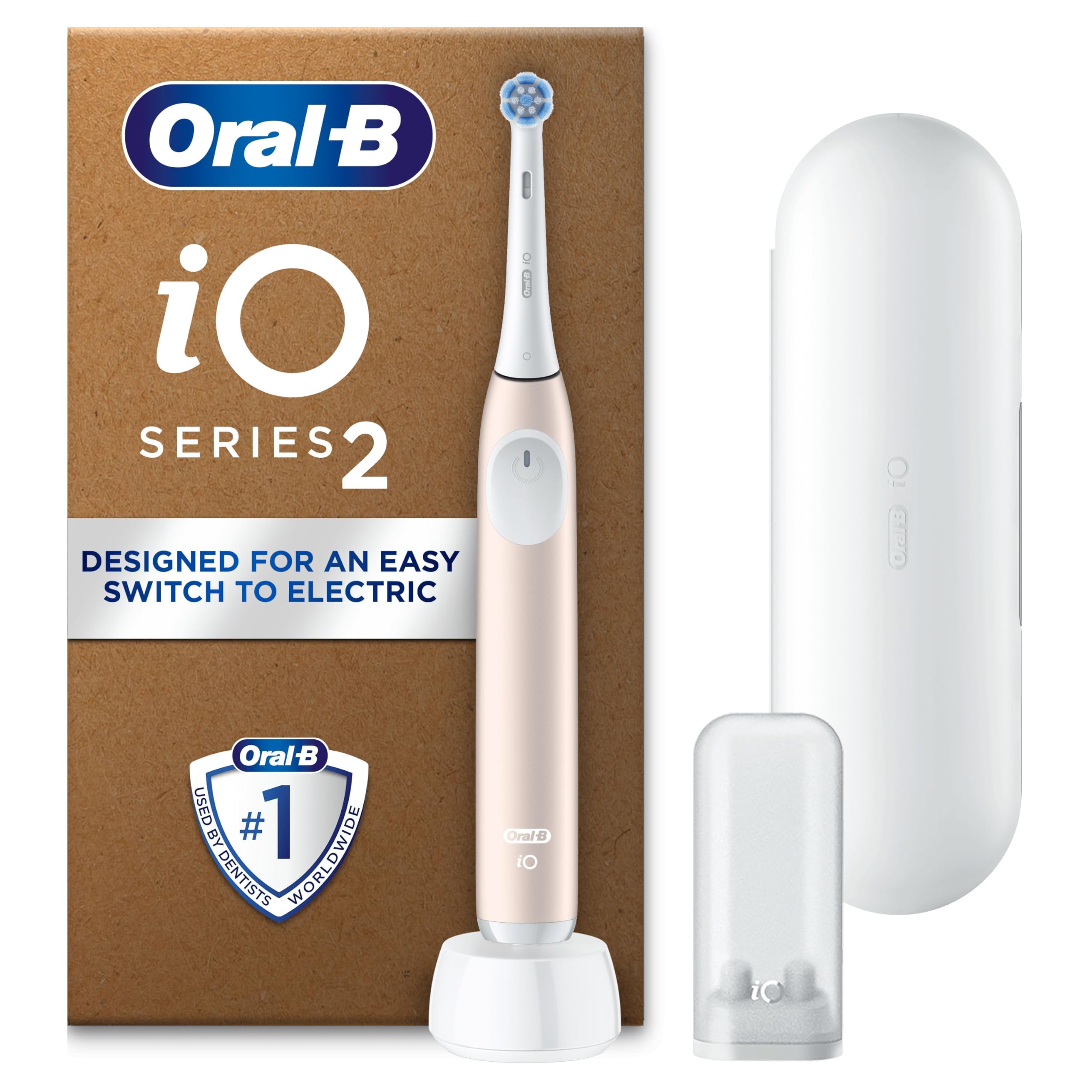Oral-B iO2 Calm Pink Electric Toothbrush, 1 Toothbrush Head, 1 Travel Case, 1 Travel Refill Holder, Designed by Braun