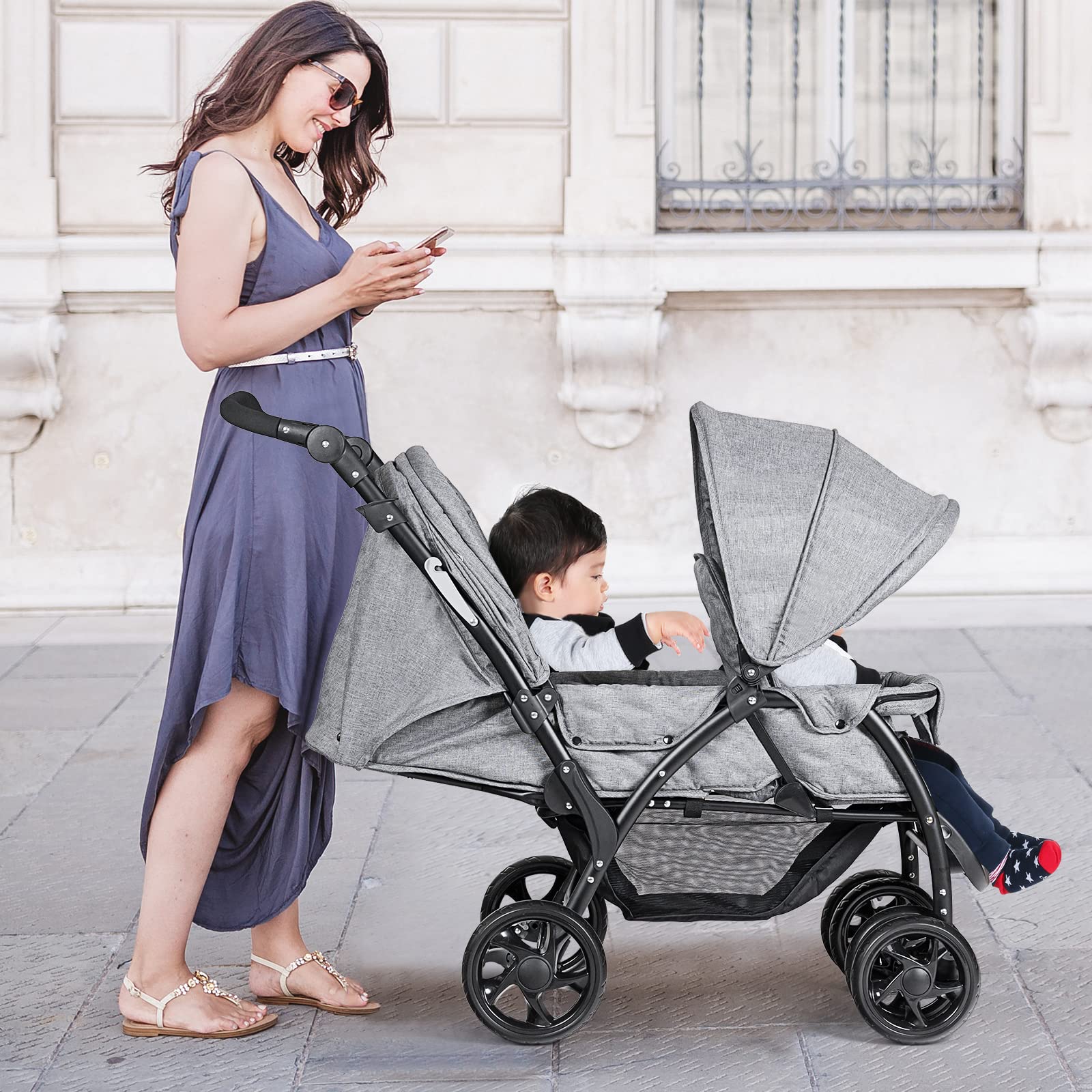 COSTWAY Poussette Canne Bébé 6 Mois+(Charge 30 kg) avec Dossier & Repose-pieds Réglables, Pousette Double Compact et Légère avec canopée, Pliable à une Main, Roues Antidérapants & Rotatives