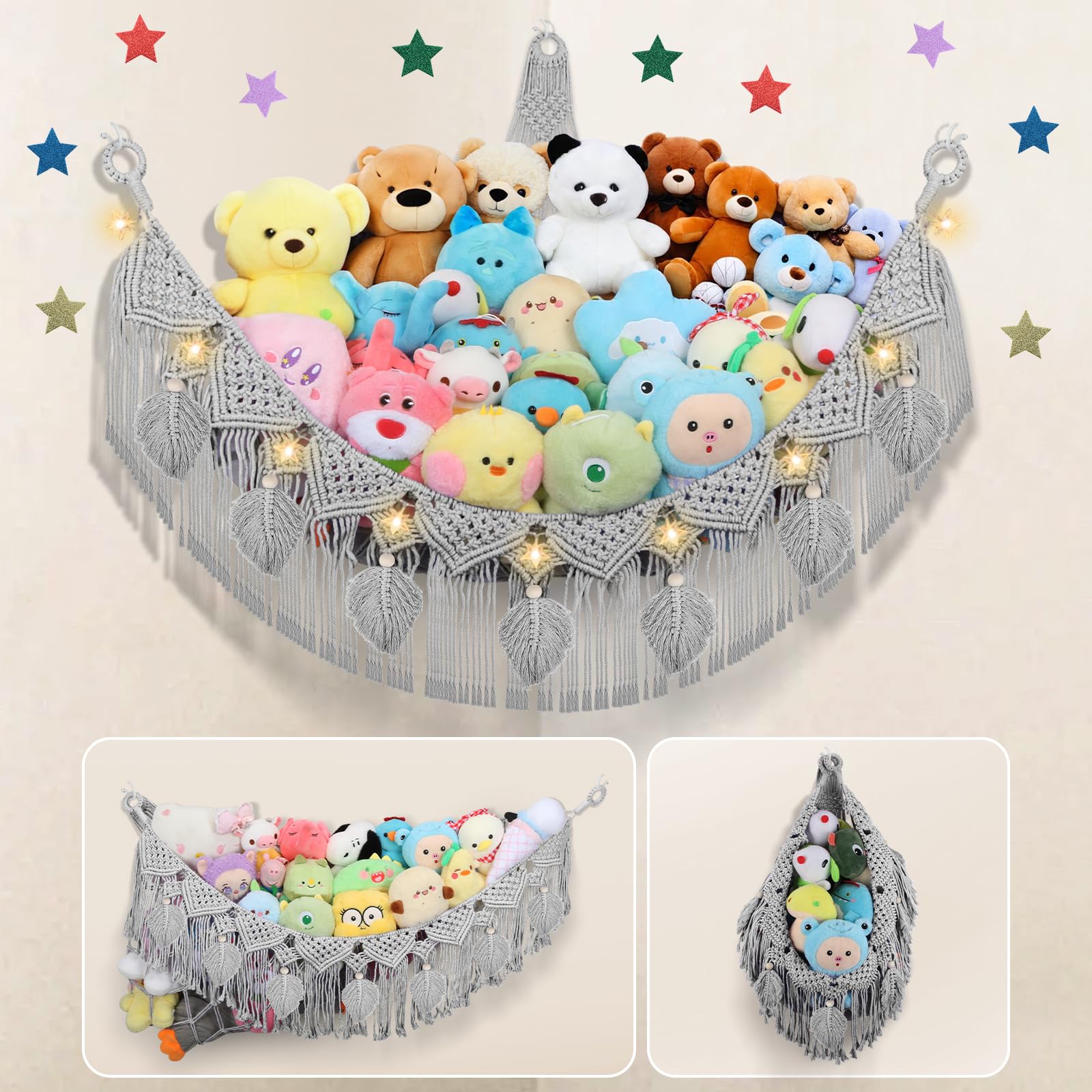 Stuffed Animal Hammock Corner - 56'' Jumbo Handcrafted 5mm Double Macrame Cord Toy Hammock Holder - 100% Natural Cotton Stuffed Animal Storage Net - Gray Stuffy Plushie Net w/LED Star Light