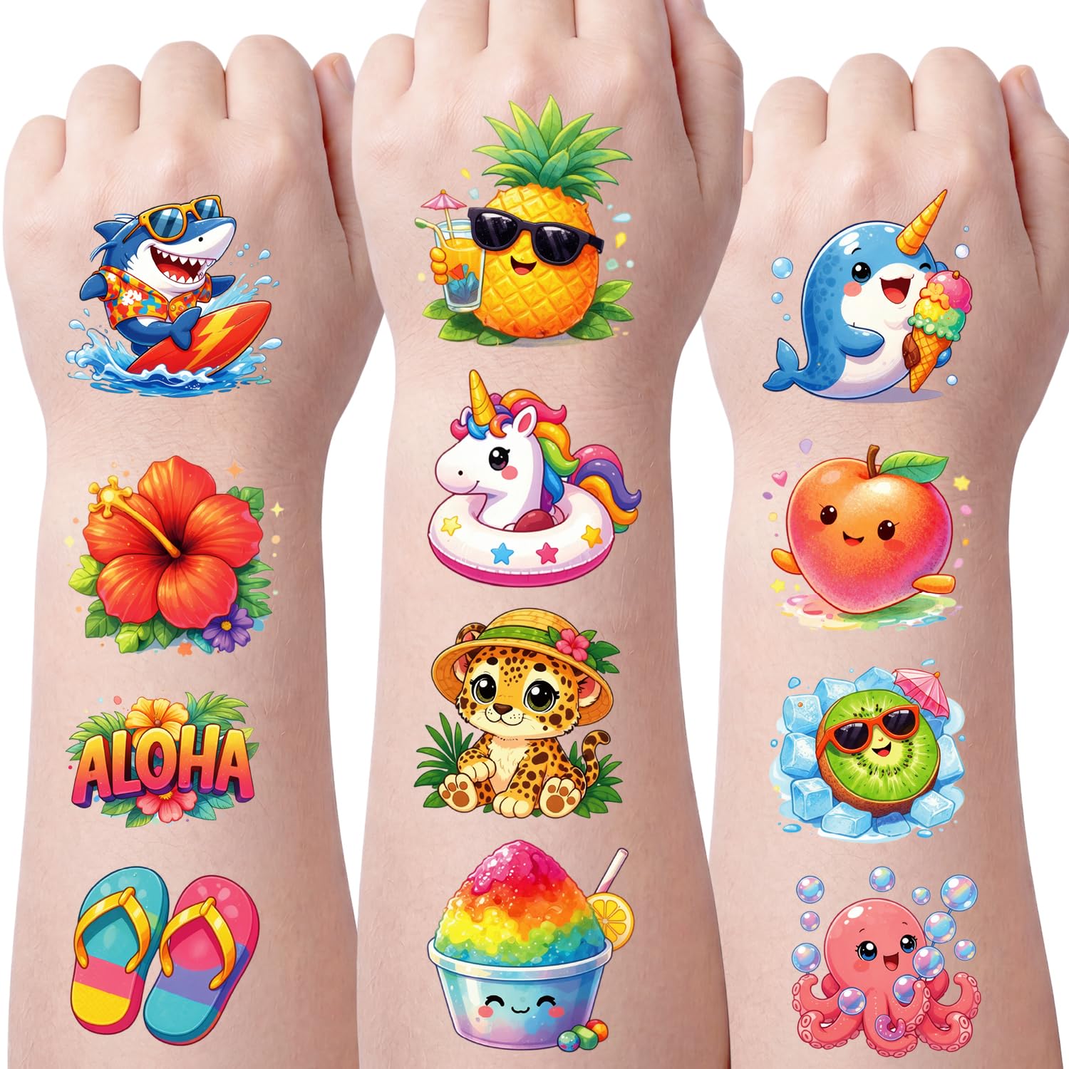 JCFIRE Temporary Tattoos for Kids Adults, Pool Hawaiian Luau Summer Party Decorations, Cute Summer Tattoos Stickers, Party Favors Rewards Supplies