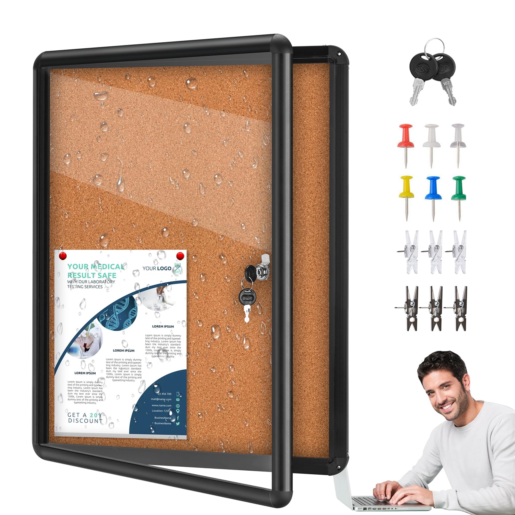 Tablero de anuncios de corcho cerrado de 66 x 50 cm, a prueba de manipulaciones, marco de aluminio, tablero de anuncios con cerradura resistente a roturas con puerta acrílica transparente para escuela