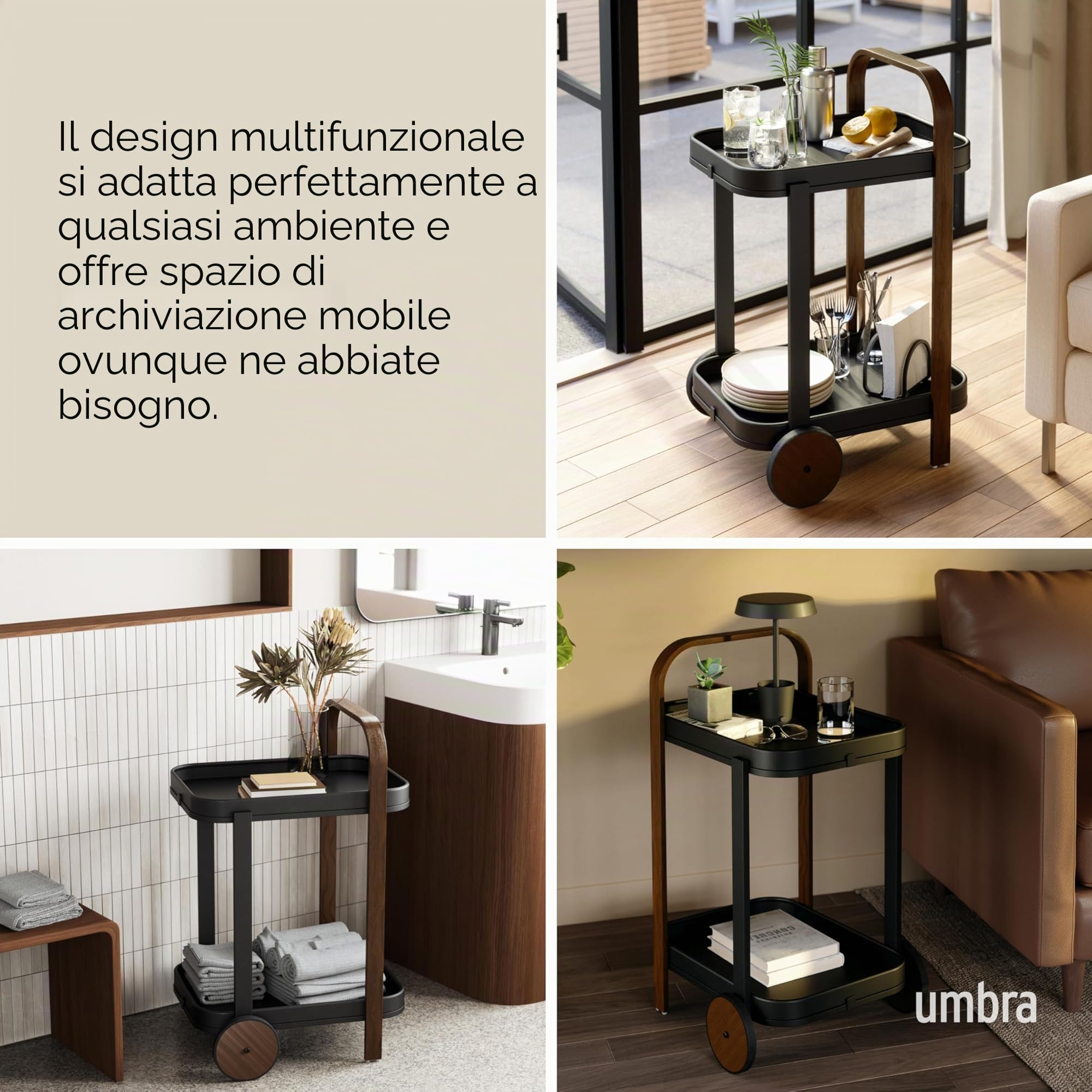 Umbra Bellwood Carrello bar e portavivande, Acciaio, Nero/noce
