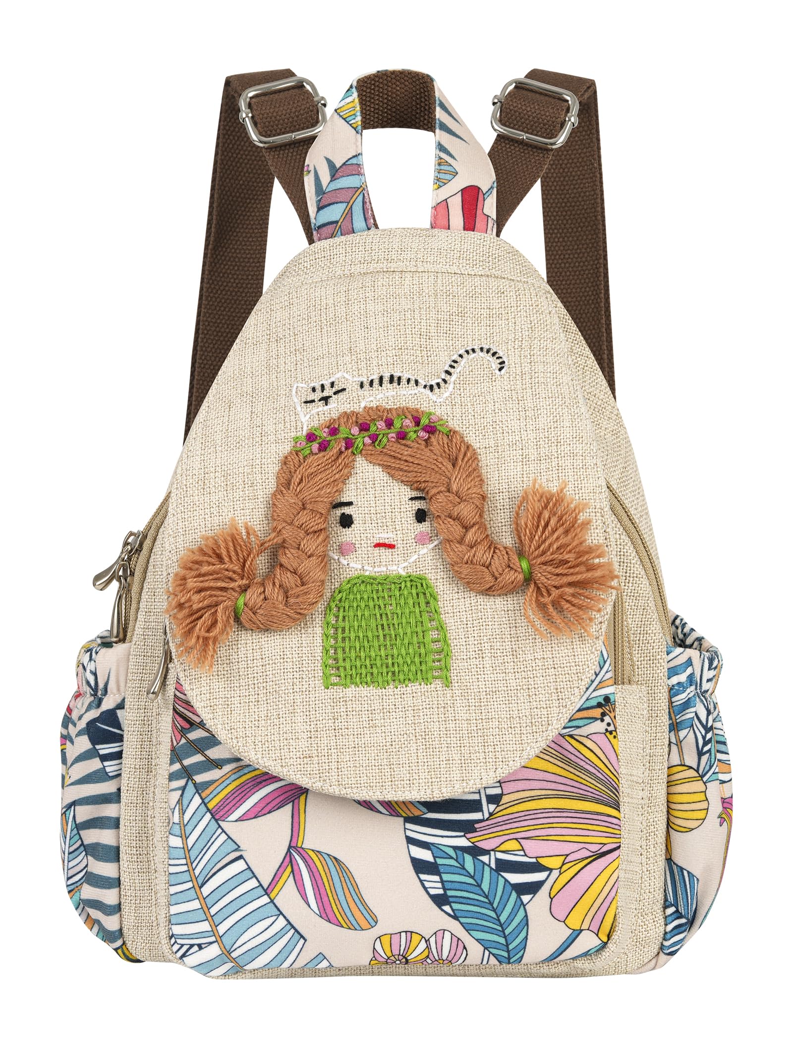 HUANGGUOSHU Women Cotton Woven Bohemian Hemp Boho Canvas Embroidery Multi Pocket Retro Cute Backpack Wallet Backpack Little girl and dog watch the sea