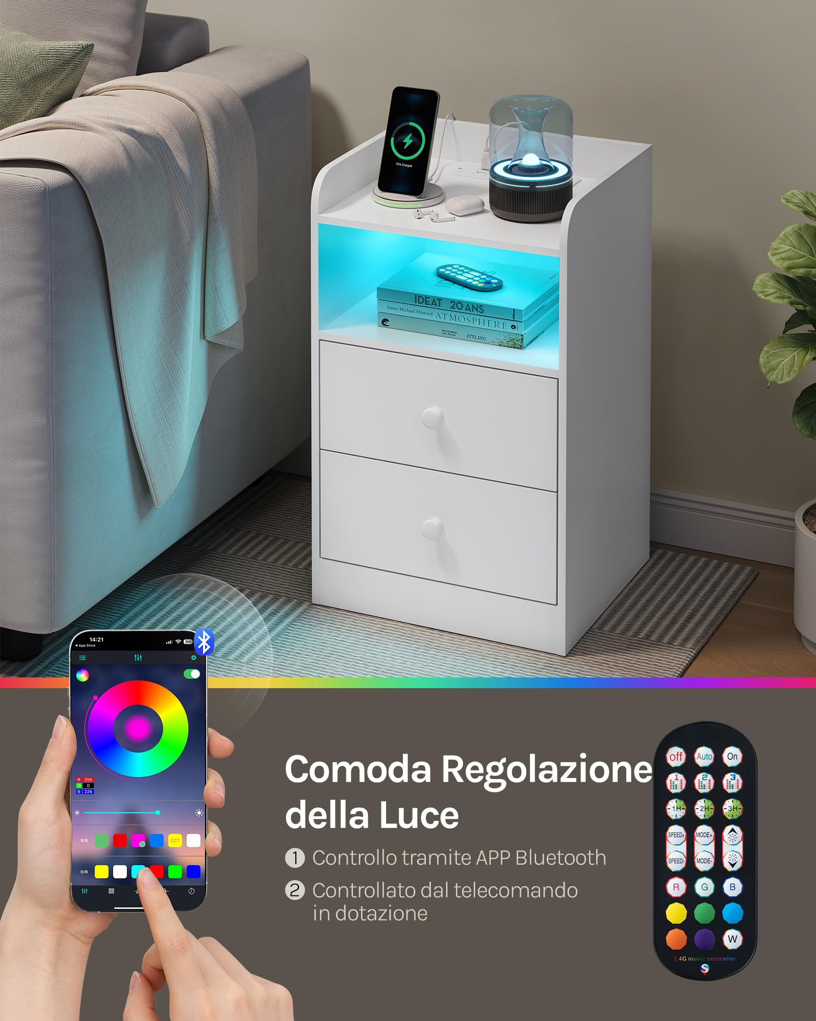 WOLTU Comodino con Stazione di Ricarica, Prese, Porte USB, Tavolino con Luci LED Regolabile, Cassettiera con Cassetti e Scomparto, 40x35x64cm, per Camera da Letto, in Legno, Bianco NTS07ws