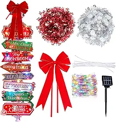 Decoração de poste de luz de Natal com 8 letreiros de madeira para quintal de Feliz Natal, 5 m, 50 LEDs, cordão de luz solar, 2 guirlandas de tinsel de Natal, laço de veludo vermelho para