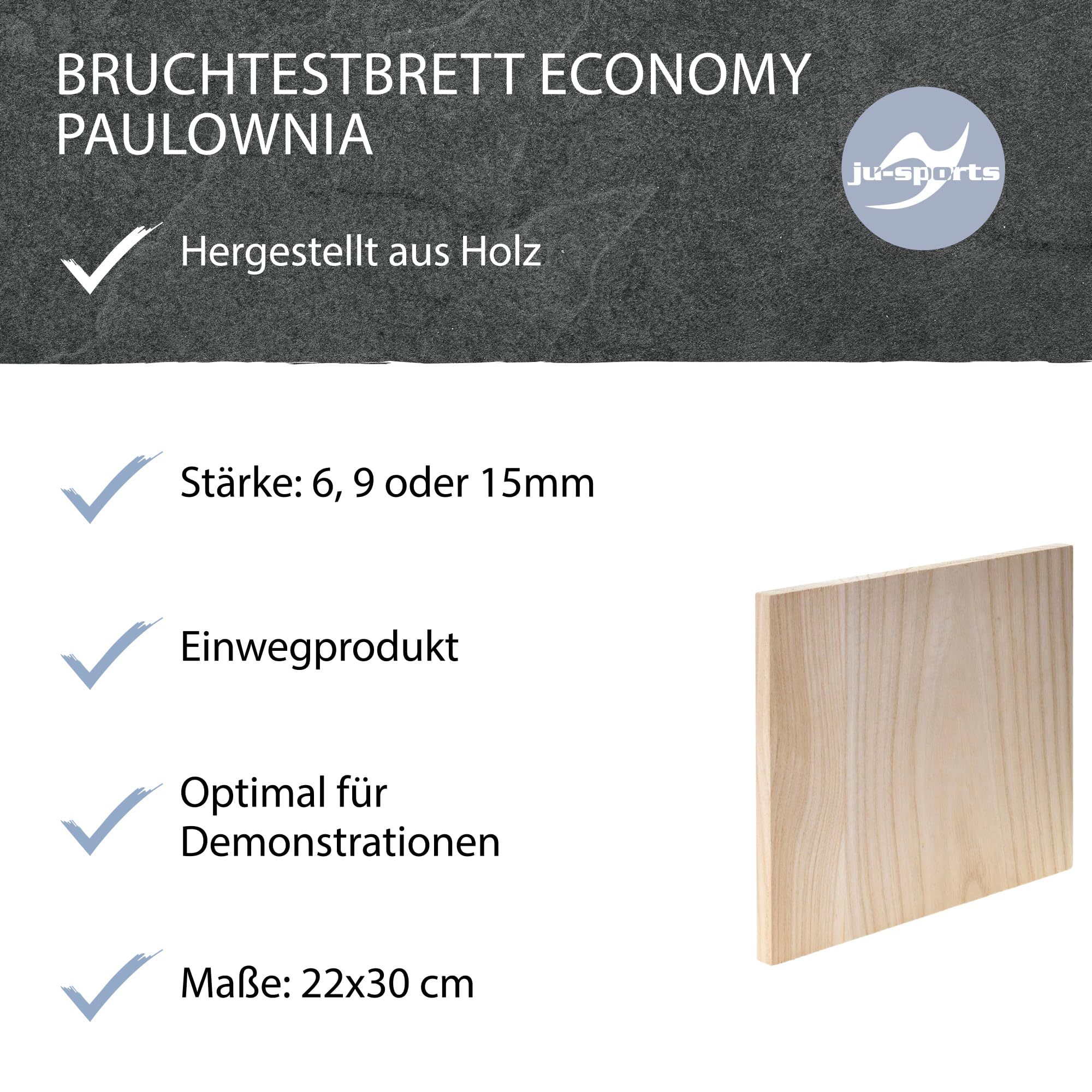 Ju-Sports Bruchtestbretter aus Holz Economy Paulownia 30x30 cm 10er Pack - Einweg Taekwondo- und Karatebretter zum Zerschlagen in den Stärken 10, 15, 20 und 25 mm
