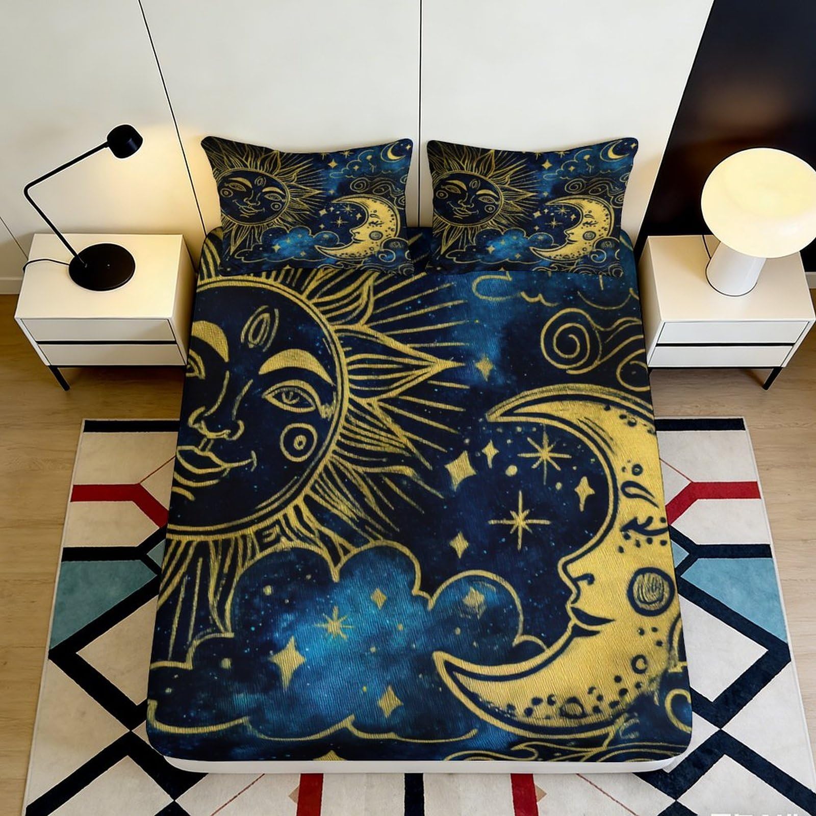 3D Printed Sun Moon Fitted Sheet Microfiber Soft Breathable Celestial Sky Bed Cover for Bedroom Guest Room Decor 90x200x25cm